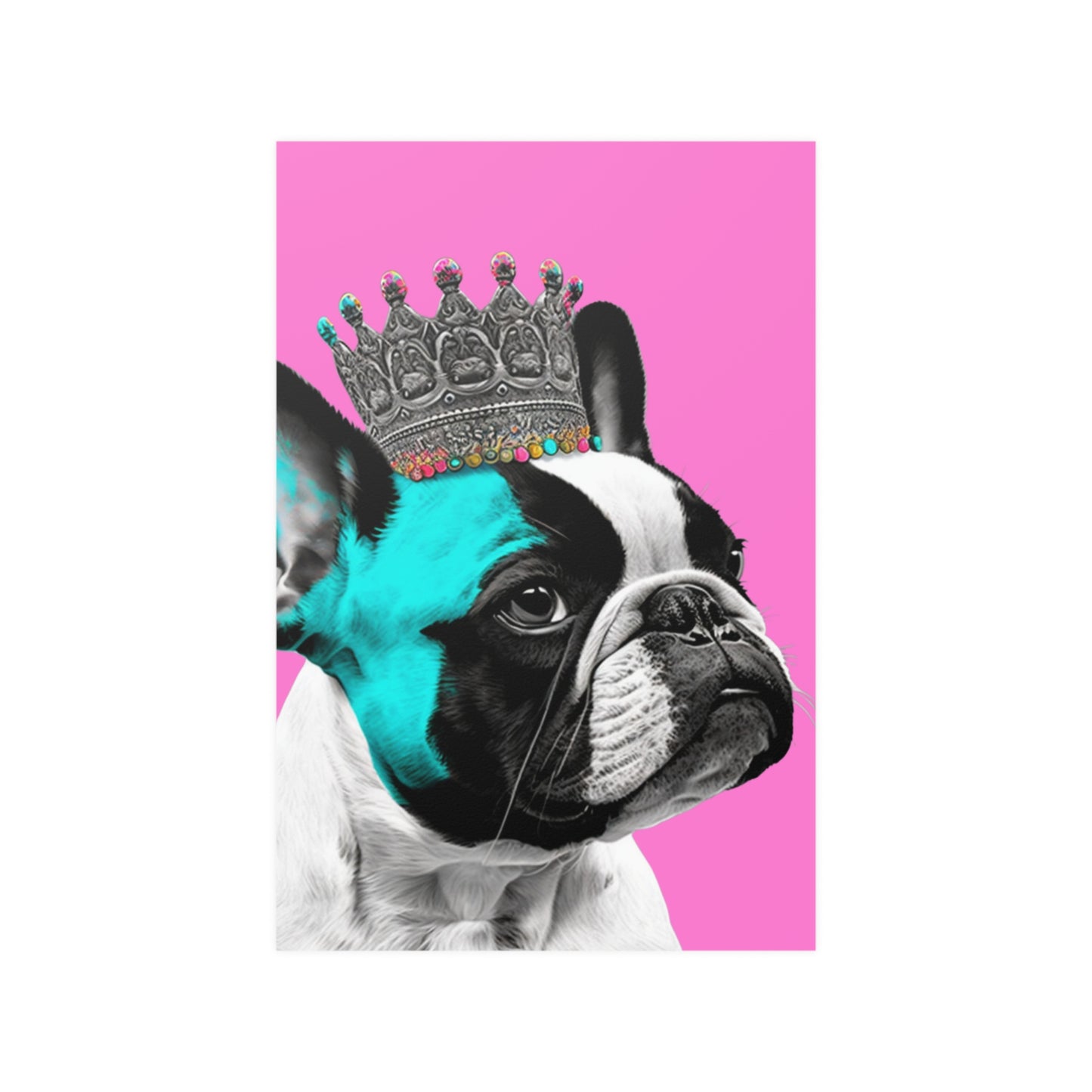 Vibrant PopArt poster featuring a French Bulldog wearing a royal crown, set against a bright pink background, embodying a playful yet majestic aesthetic.