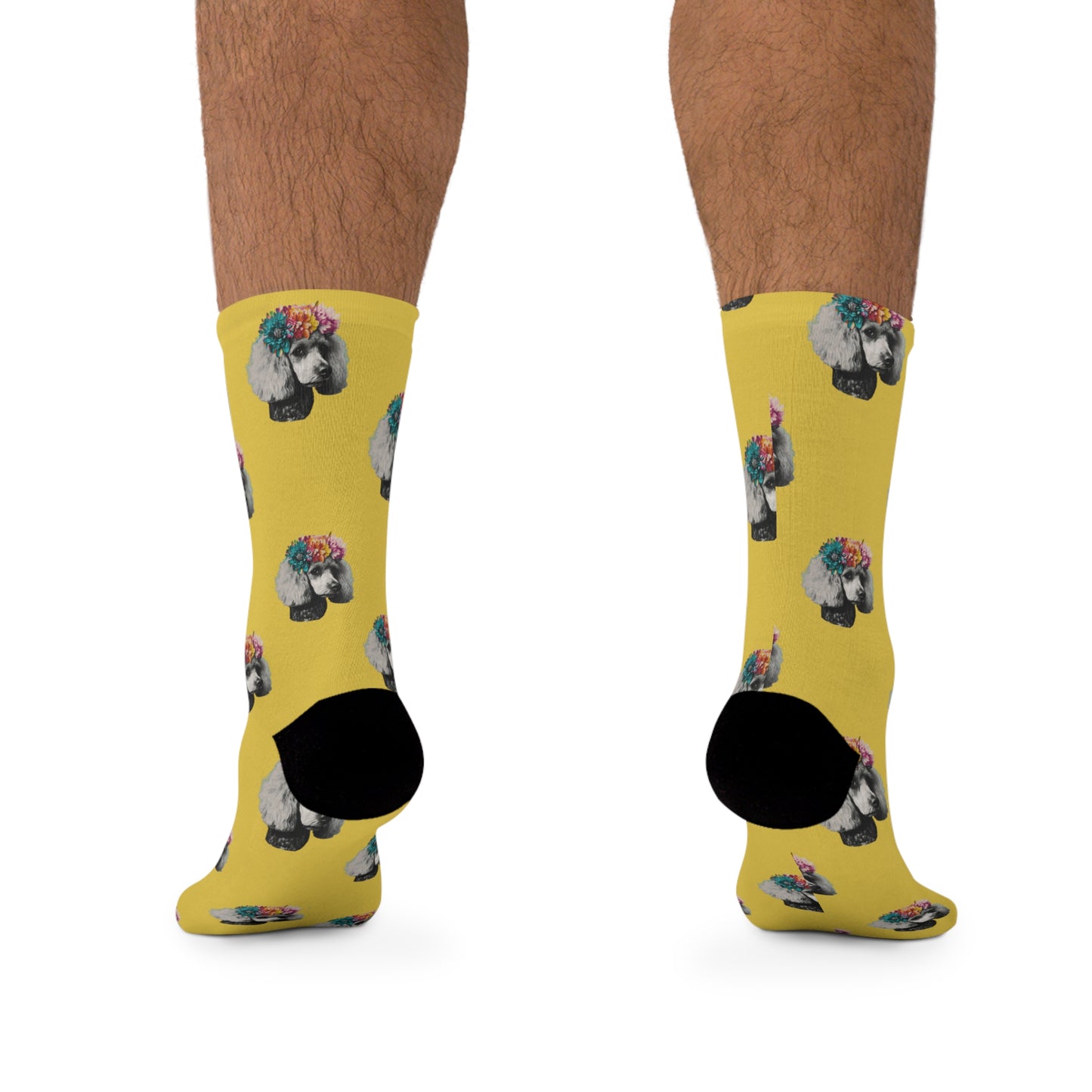 Colorful socks featuring a PopArt-style poodle on a bright yellow background, perfect for adding a playful and artistic touch to any outfit
