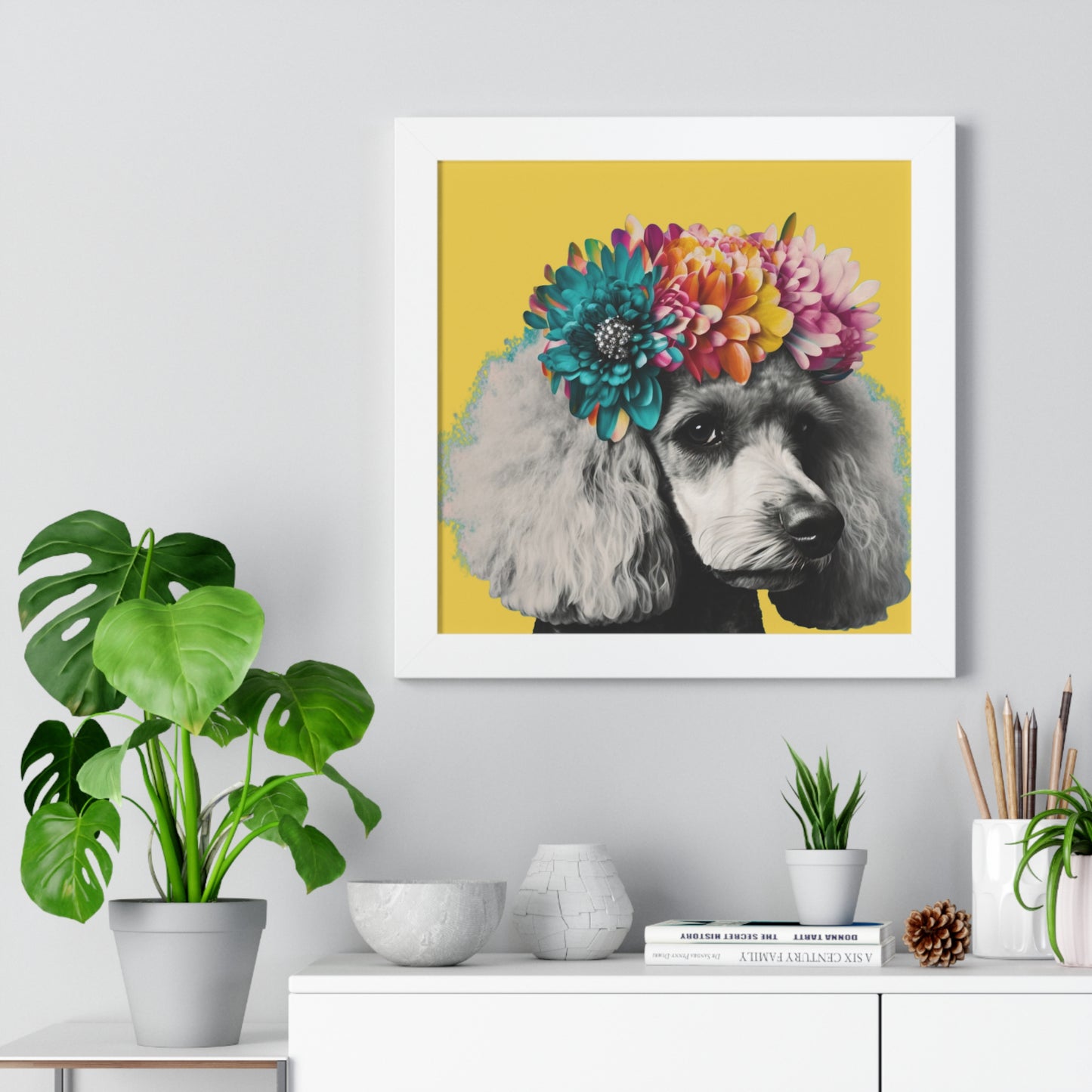 Poodle on Yellow Framed Poster - Choice of Black, White, or Walnut Frame