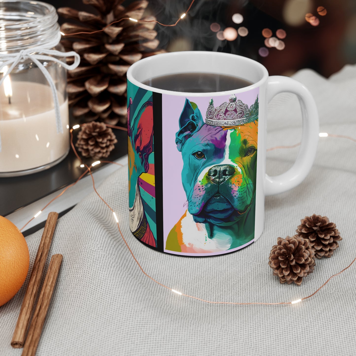 A colorful PopArt Bully coffee mug featuring a dynamic design, perfect for adding artistic flair to your daily coffee routine.
