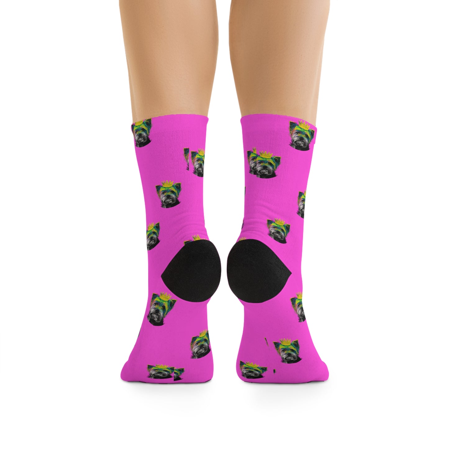Colorful socks featuring a Yorkshire Terrier in PopArt style on a purple background, ideal for adding a playful and artistic touch to any wardrobe.