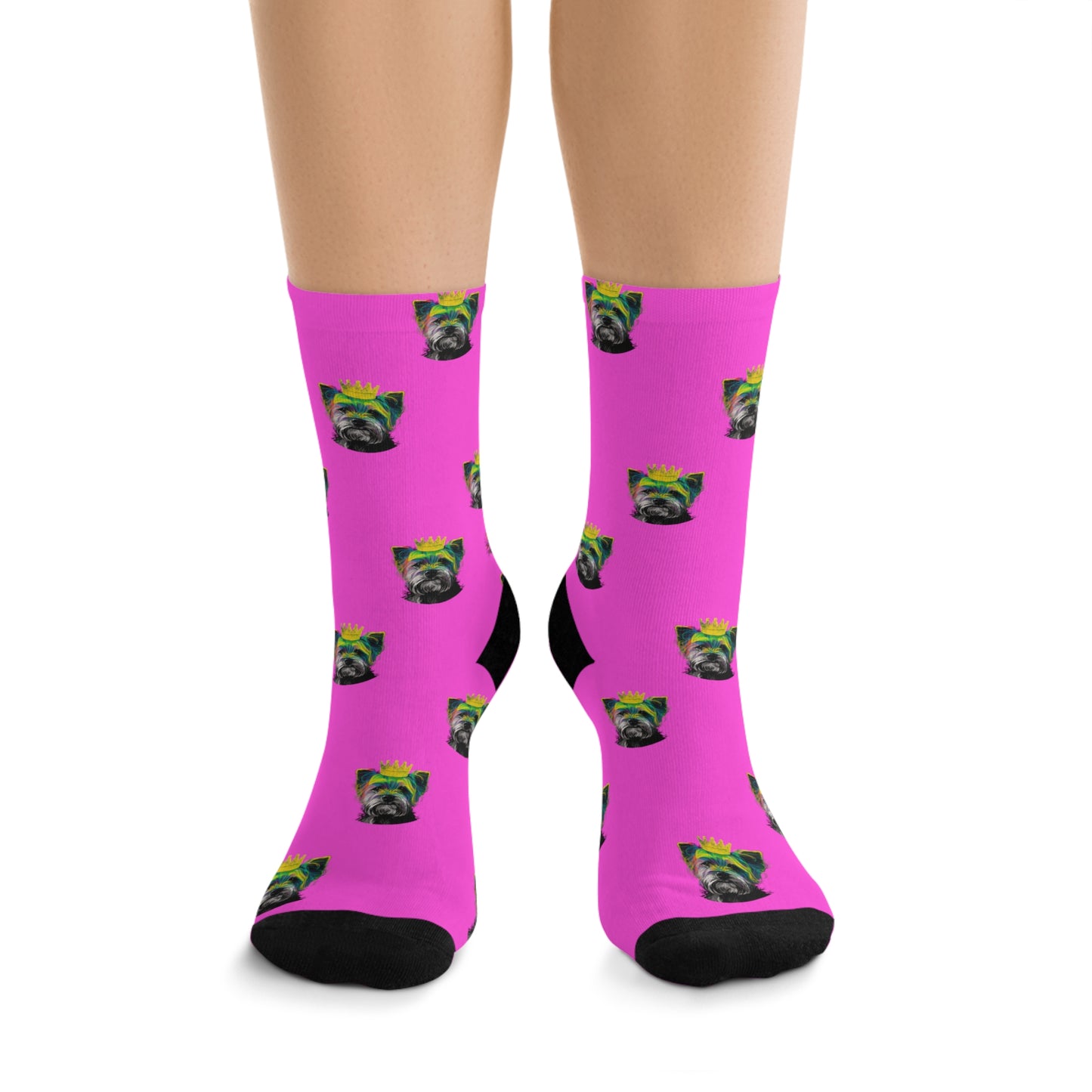 Colorful socks featuring a Yorkshire Terrier in PopArt style on a purple background, ideal for adding a playful and artistic touch to any wardrobe.