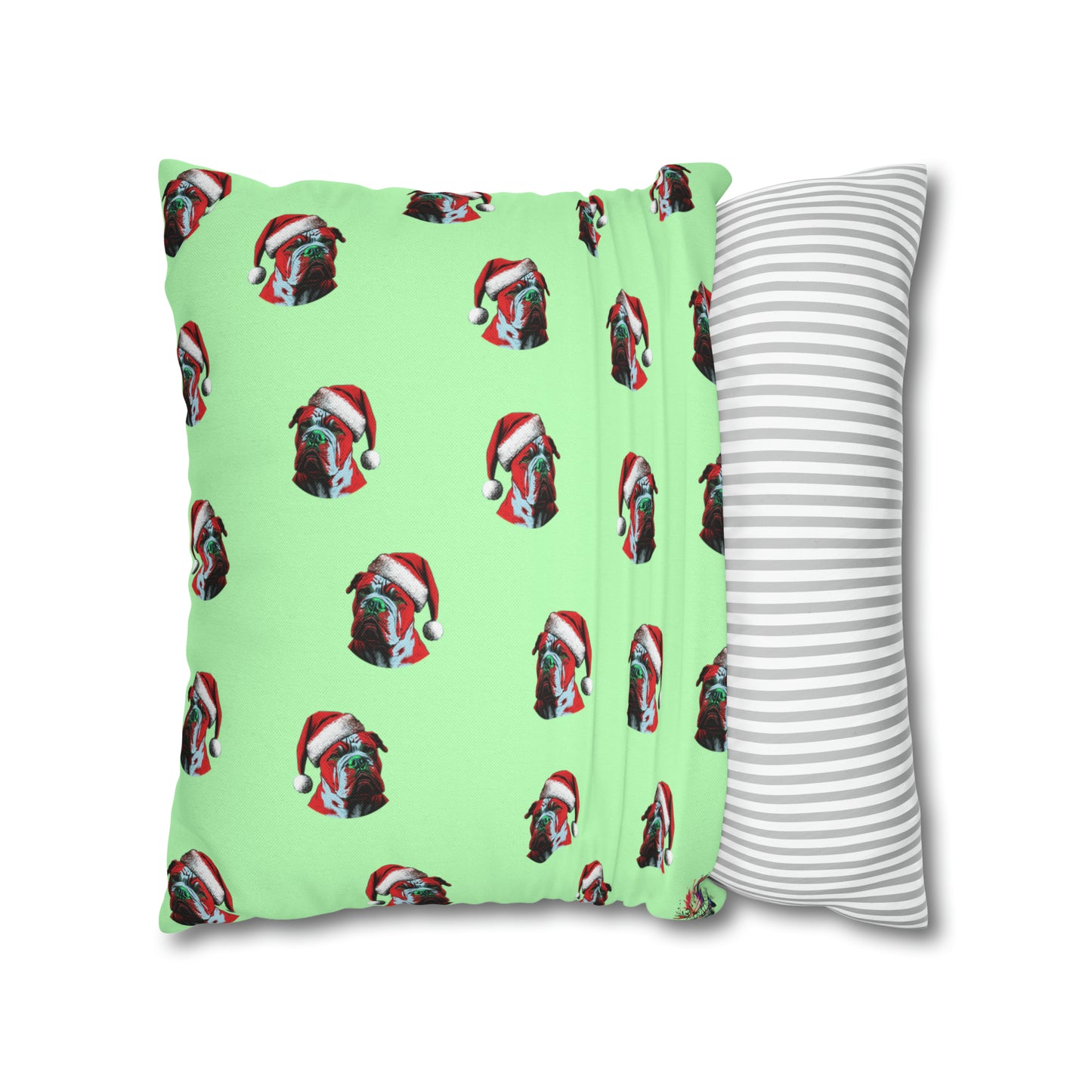 Pop Art X-Bully with Santa Hat Cushion Cover on Vibrant Green Background