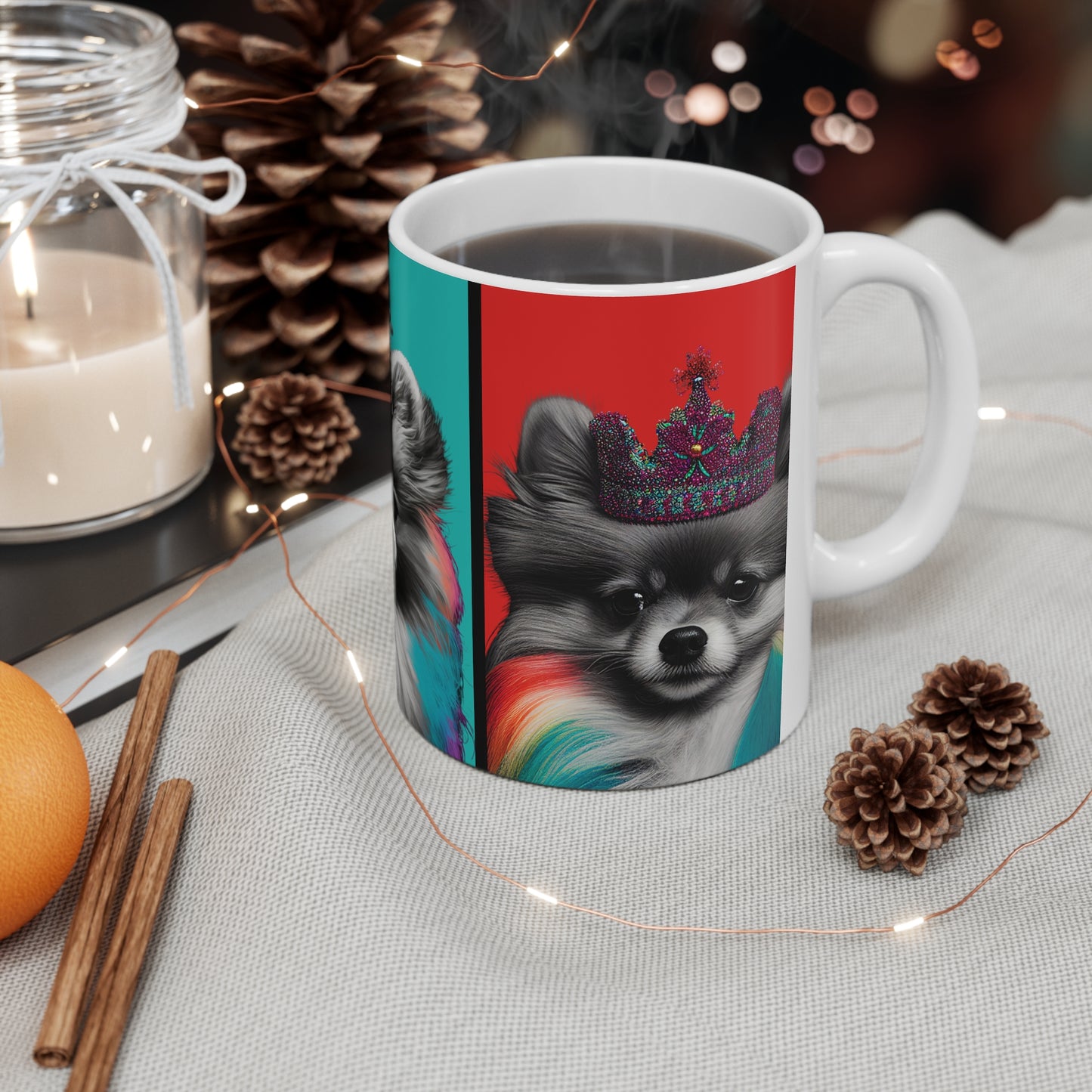 A vibrant and colorful Pomeranian pop-art mug, featuring a whimsical depiction of a Pomeranian dog in a playful and artistic style.