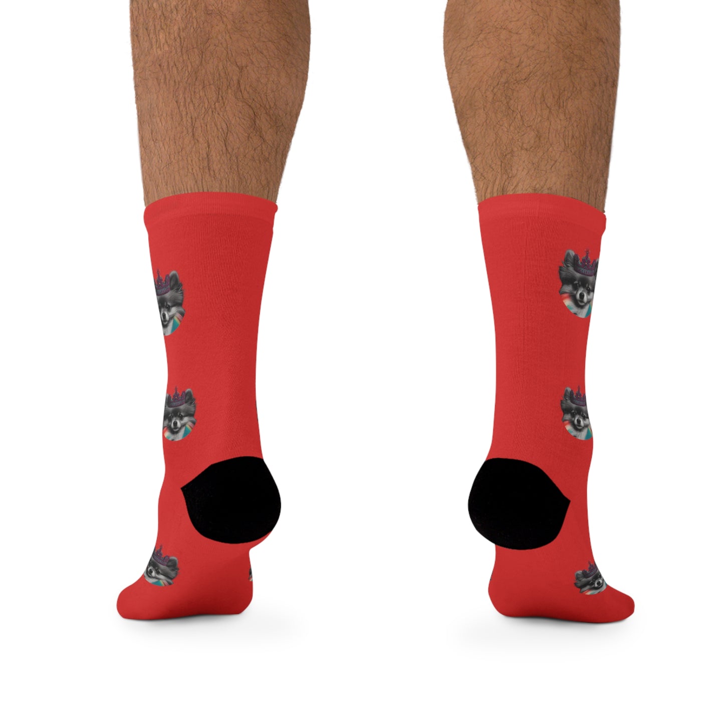 π Regal Pomeranian Elegance: Black and White Pomeranian Crown on Red Novelty Socks π§¦