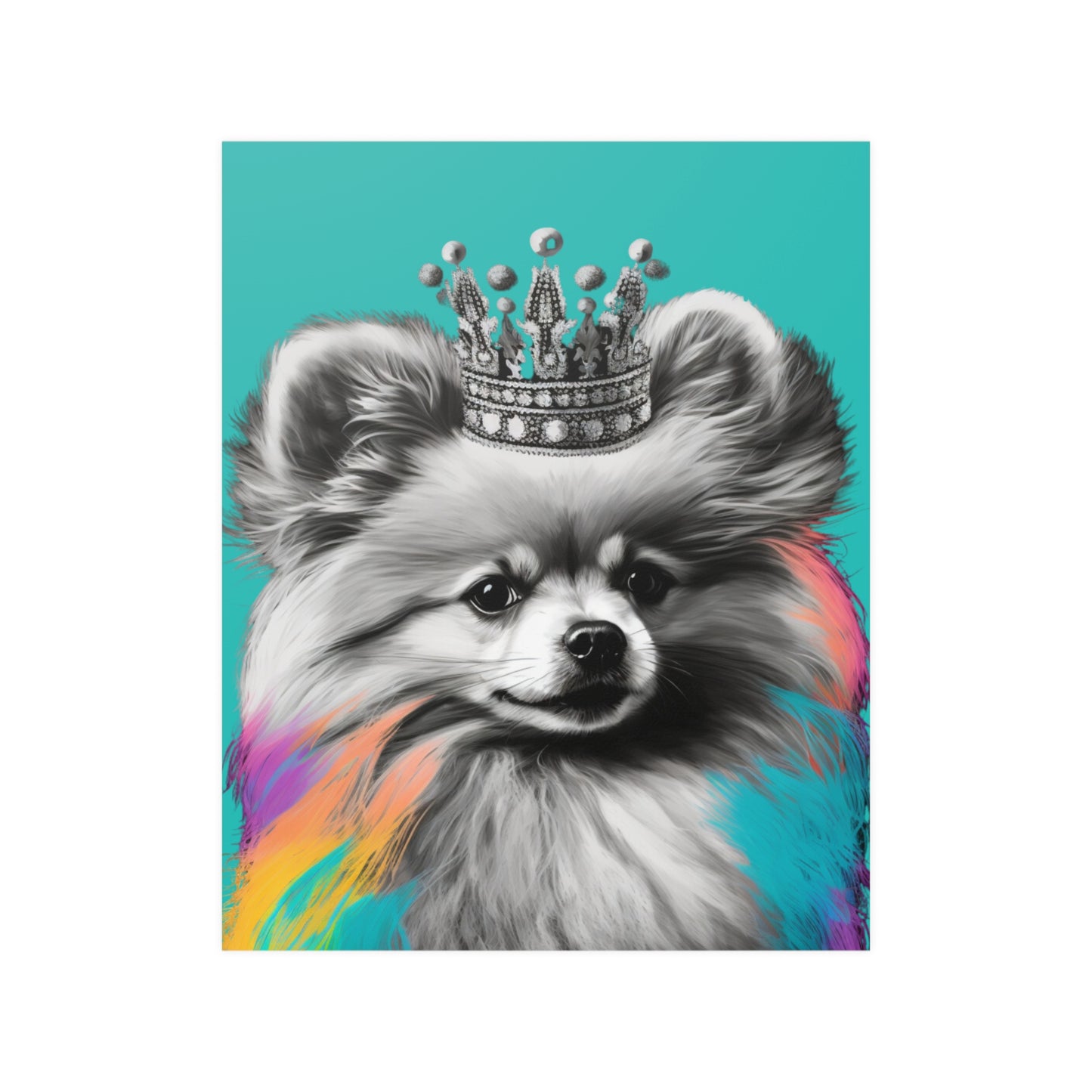 Black and White Pomeranian with Colours on Blue Poster Print
