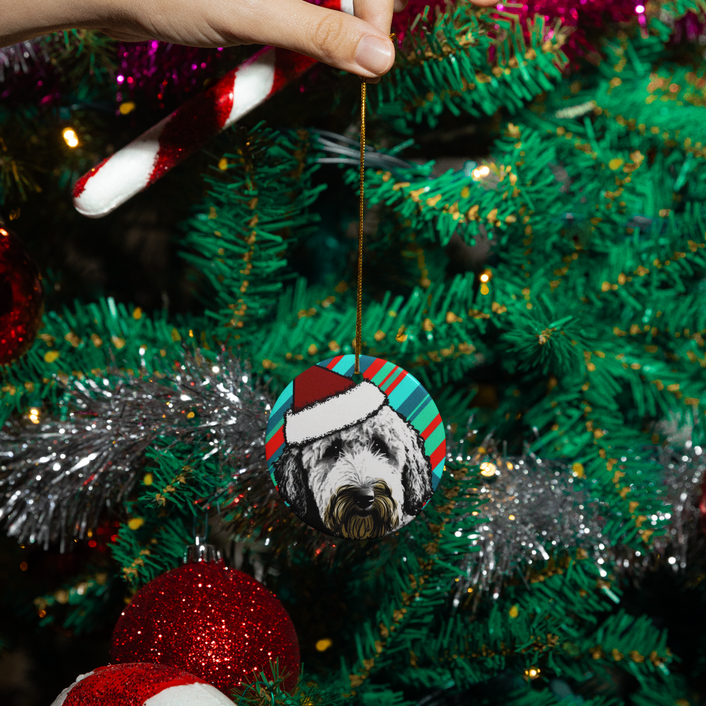 Candy Stripe Labradoodle Christmas Ornament - Circle or Heart ππβπ¦Ίβ€οΈ