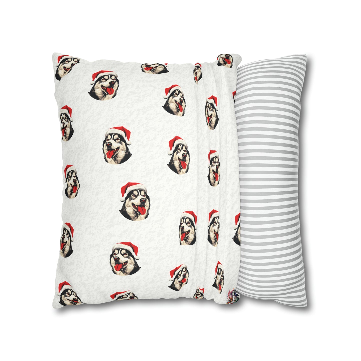 A luxurious white faux suede Christmas cushion cover, featuring a beautifully detailed illustration of a majestic husky in a winter wonderland setting. The husky is depicted with a captivating gaze amidst a snowy landscape, with subtle festive decorations adding to the holiday charm. The cover exudes elegance and is perfect for enhancing holiday home decor.