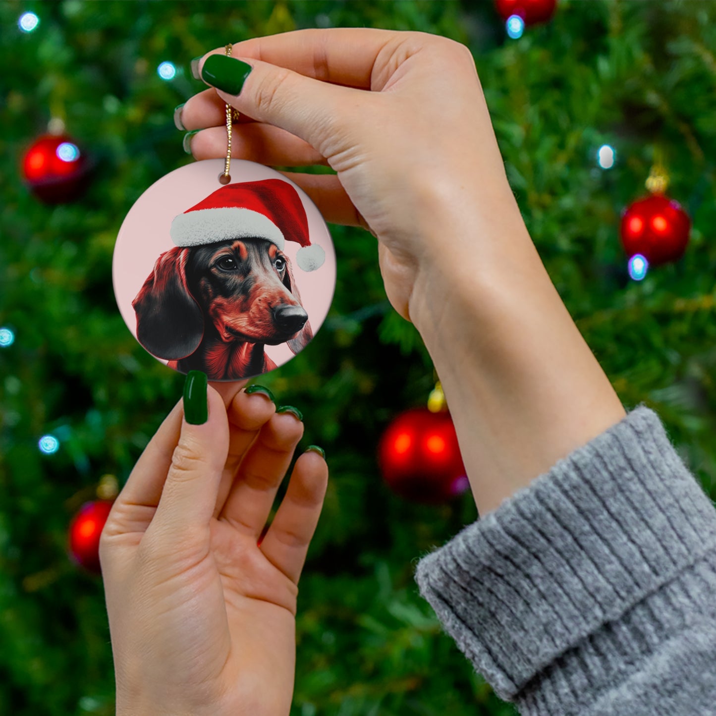 A heart or circle-shaped Christmas ornament featuring a cute Dachshund in a Santa hat on a pastel pink background, adding a charming touch to holiday decor