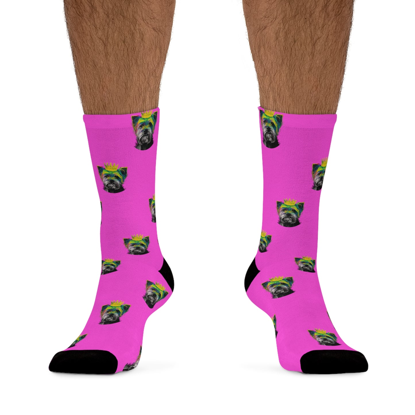 Colorful socks featuring a Yorkshire Terrier in PopArt style on a purple background, ideal for adding a playful and artistic touch to any wardrobe.