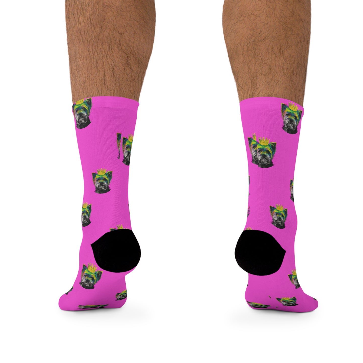 Colorful socks featuring a Yorkshire Terrier in PopArt style on a purple background, ideal for adding a playful and artistic touch to any wardrobe.