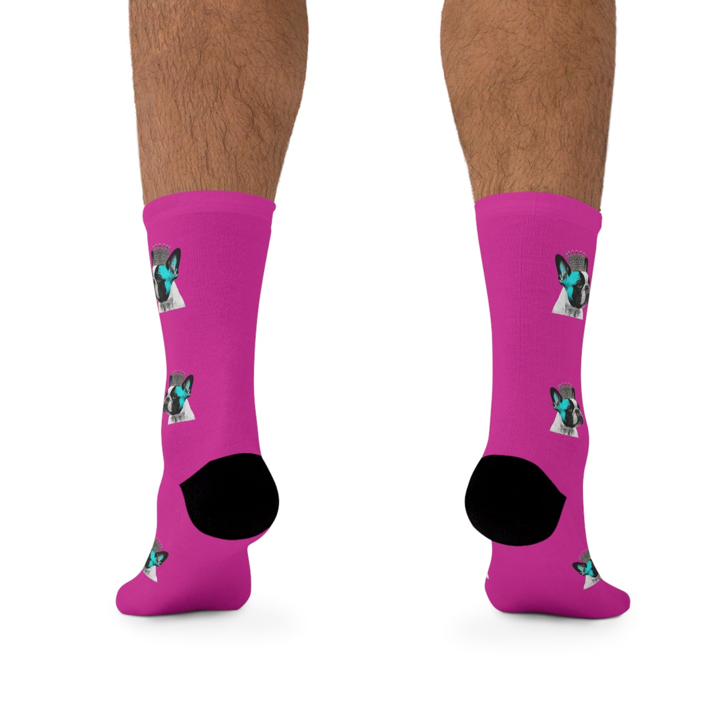 A pair of vibrant pink novelty socks featuring a stylish pop art French Bulldog design.