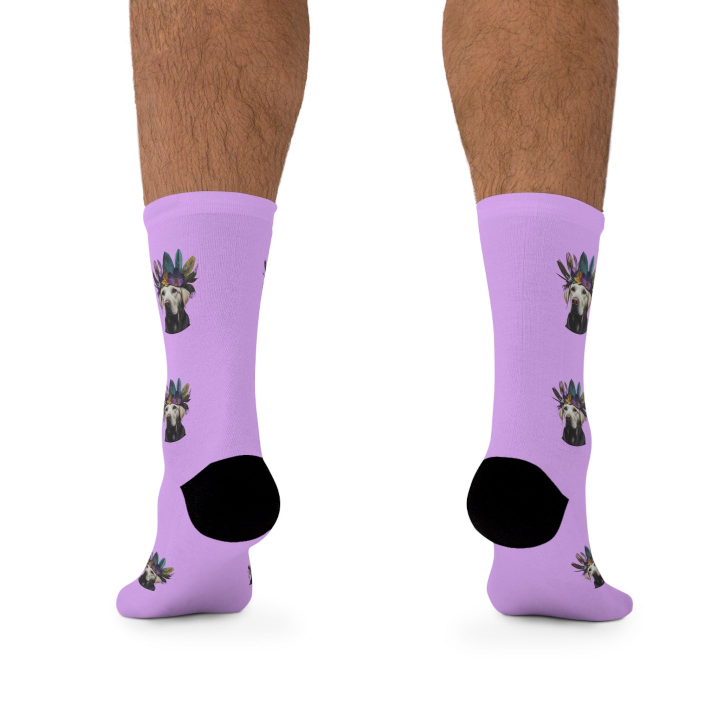 Vibrant purple novelty socks featuring a joyful Tropical Retriever design, ideal for adding a playful and colorful touch to any outfit.