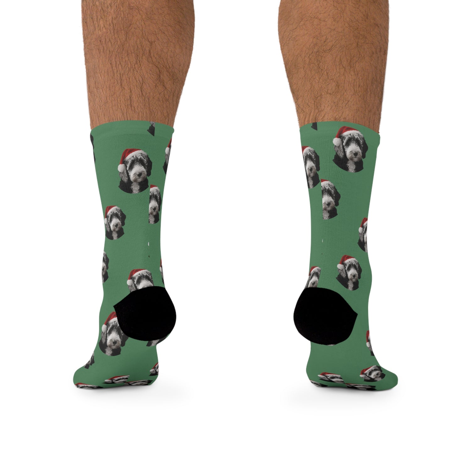 Cozy Christmas socks featuring a Labradoodle in festive attire, perfect for adding a touch of holiday cheer and warmth to your feet.
