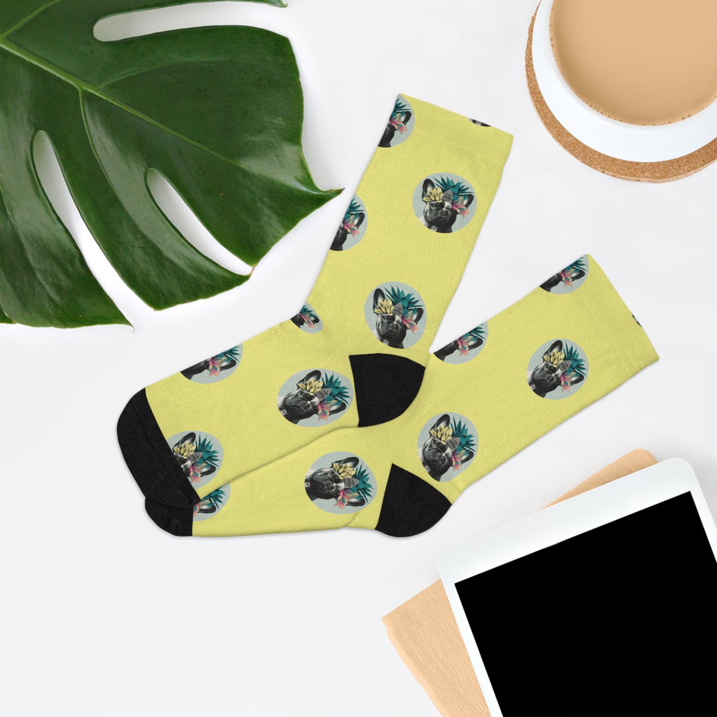 Tropical Frenchie Paradise: French Bulldog on Sunny Yellow Novelty Socks