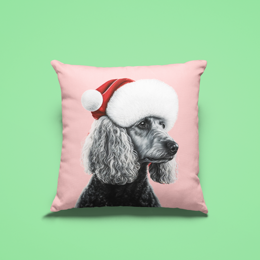 A stylish Pop Art depiction of a black and white Christmas poodle against a pastel pink background, blending holiday charm with modern artistry.