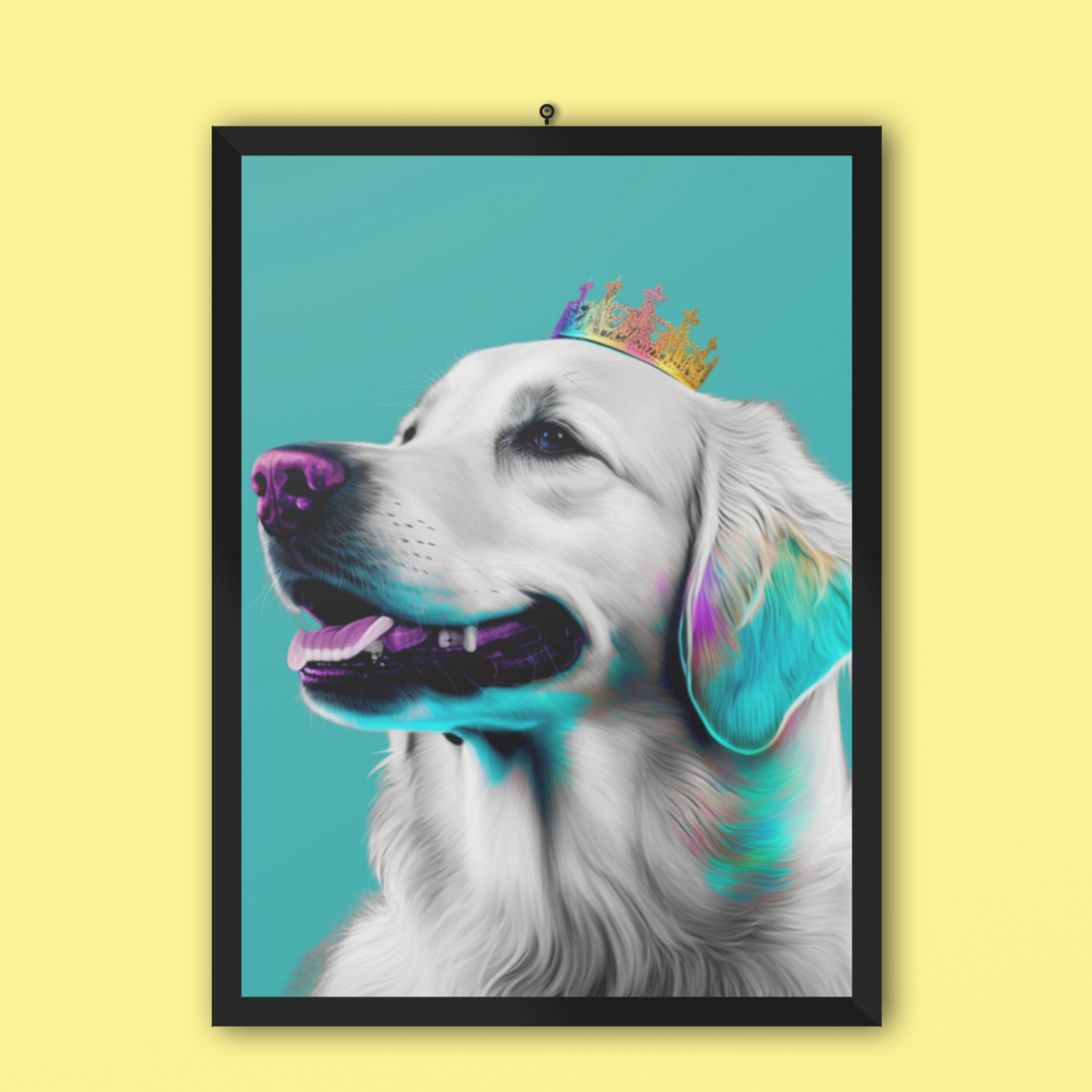 Pop art style poster featuring a Regal Golden Retriever portrayed in royal blue tones, symbolizing nobility, with a pop art aesthetic for a modern and majestic depiction."