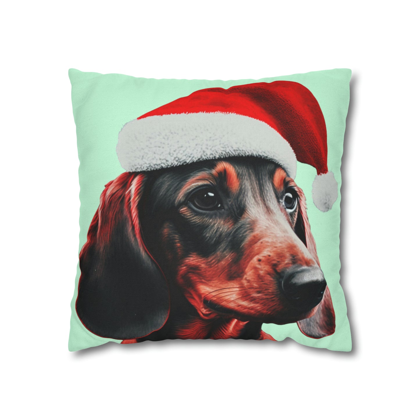 A cushion cover depicting a cute Dachshund wearing a Christmas hat, set against a calming mint green pastel background for a festive and adorable look.