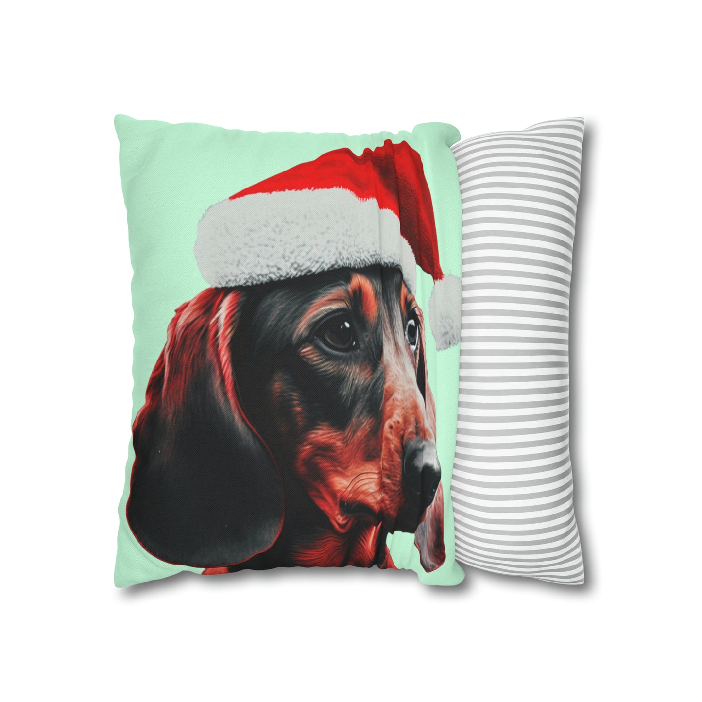 Christmas Dachshund in Hat on Mint Green Cushion Cover