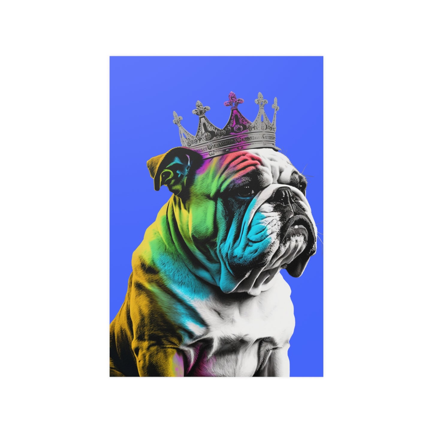 A British Bulldog portrayed in PopArt style, featuring bold outlines and colors on a vibrant blue background that captures the breed's distinctive character.