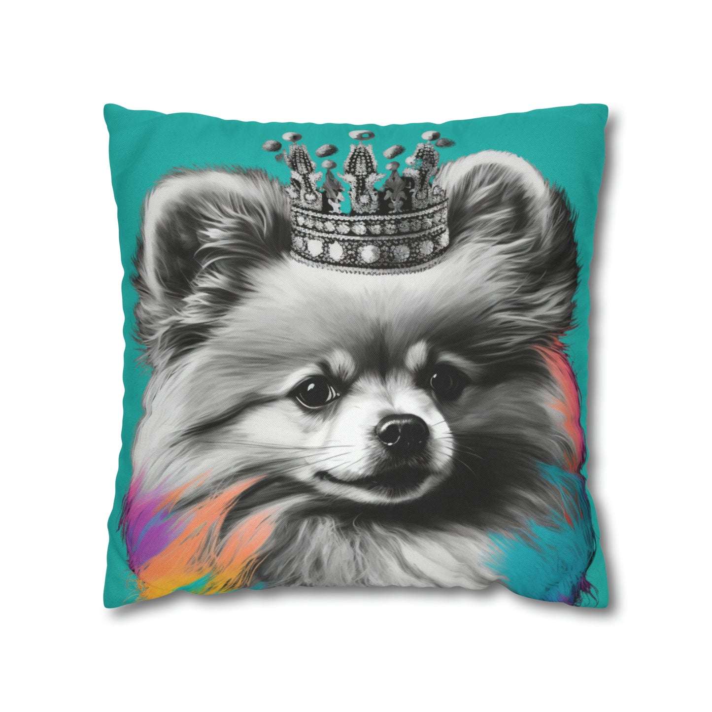 A Black and White Pomeranian with colorful accents on a blue cushion cover, adding a playful touch to your home decor.