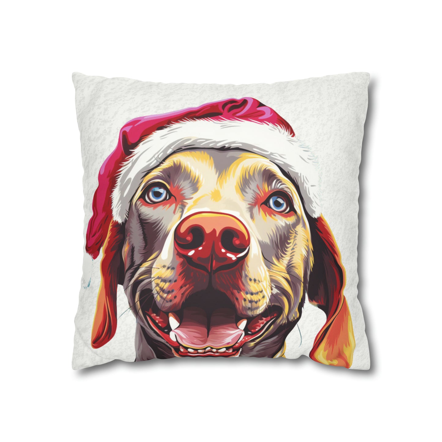 A sophisticated white cushion cover featuring a detailed illustration of a graceful Weimaraner set in a picturesque winter wonderland scene. The cover, designed for the festive season, elegantly blends the dog's silhouette with a backdrop of snowy landscapes and subtle Christmas motifs, creating a serene and stylish holiday decor piece.