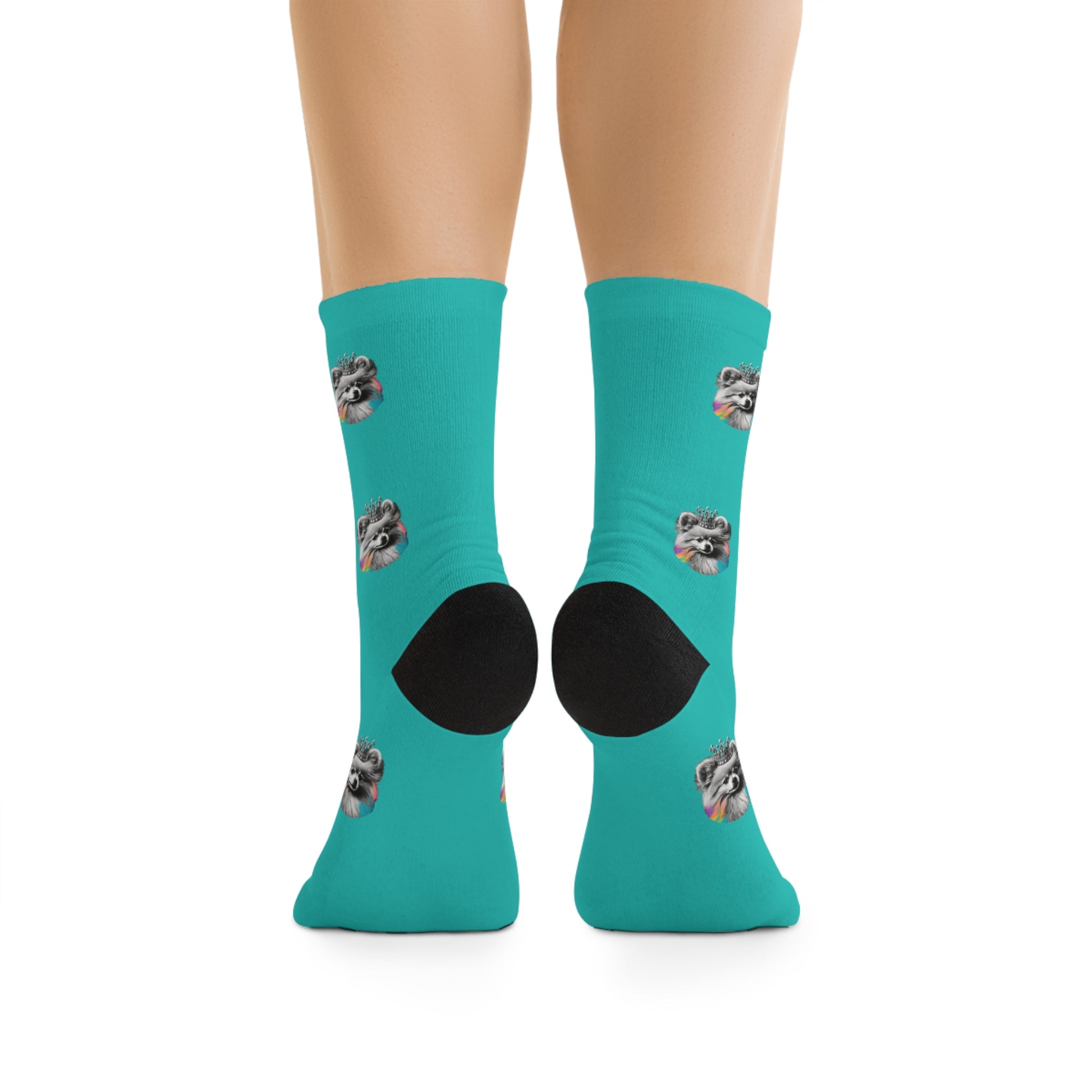 A pair of colorful novelty socks featuring a black and white Pomeranian with a burst of vibrant colors on a blue background