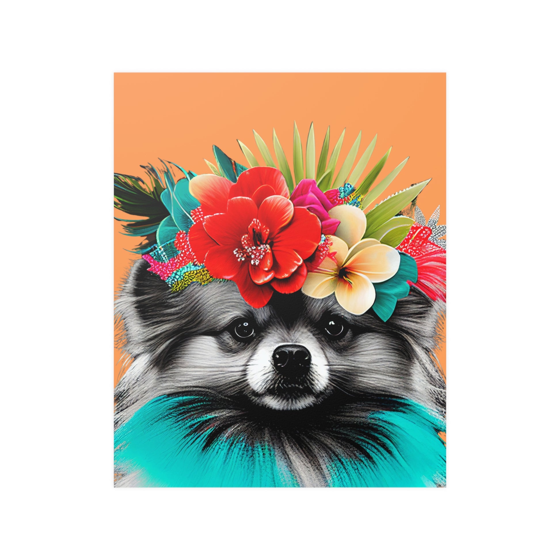 Poster of a fluffy Pomeranian dog surrounded by tropical foliage and flowers, set against a bright orange background that evokes a sunny, island atmosphere.