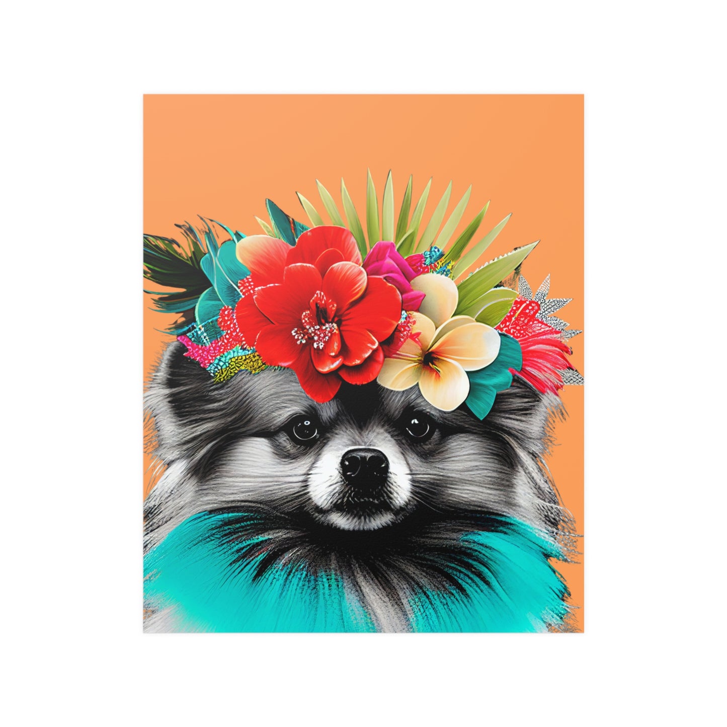 Poster of a fluffy Pomeranian dog surrounded by tropical foliage and flowers, set against a bright orange background that evokes a sunny, island atmosphere.