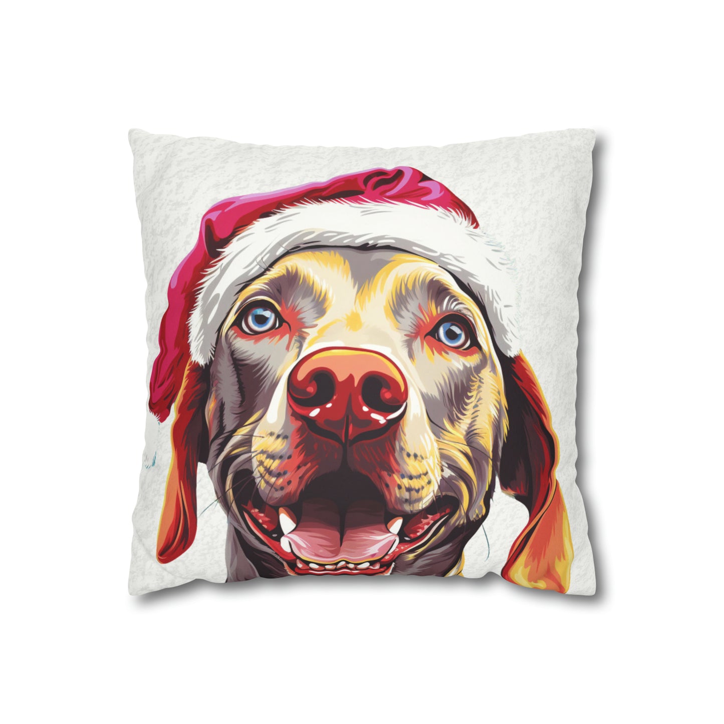 A sophisticated white cushion cover featuring a detailed illustration of a graceful Weimaraner set in a picturesque winter wonderland scene. The cover, designed for the festive season, elegantly blends the dog's silhouette with a backdrop of snowy landscapes and subtle Christmas motifs, creating a serene and stylish holiday decor piece.