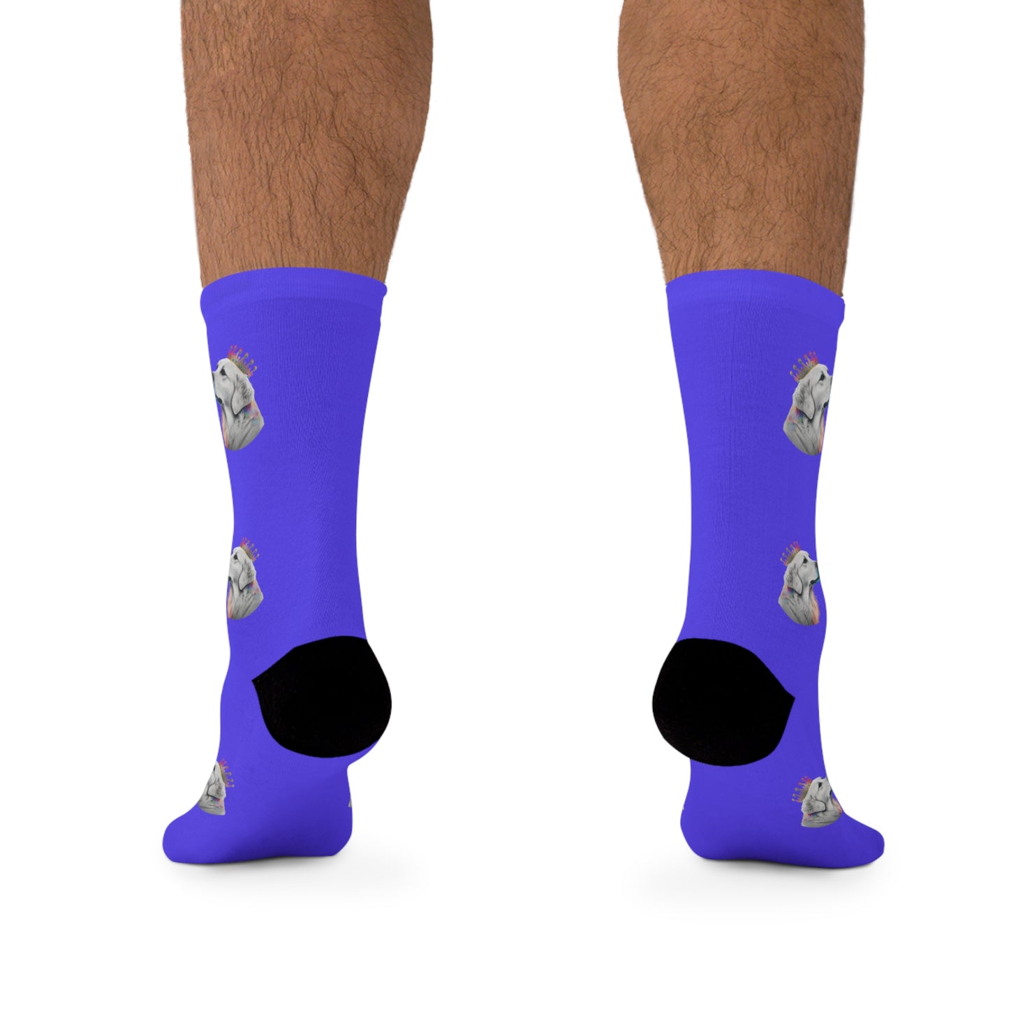 Novelty socks featuring a Regal Golden Retriever with a colorful crown set against a vibrant blue background, perfect for stylish dog enthusiasts.