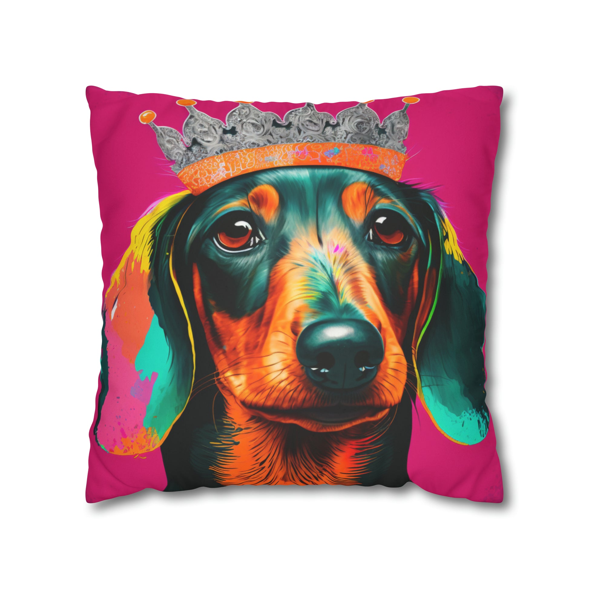 Vibrant Pop Art Crowned Dachshund - Faux Suede Wall Art: A playful and colorful Dachshund adorned with a crown, perfect for adding a touch of whimsy to your home decor.