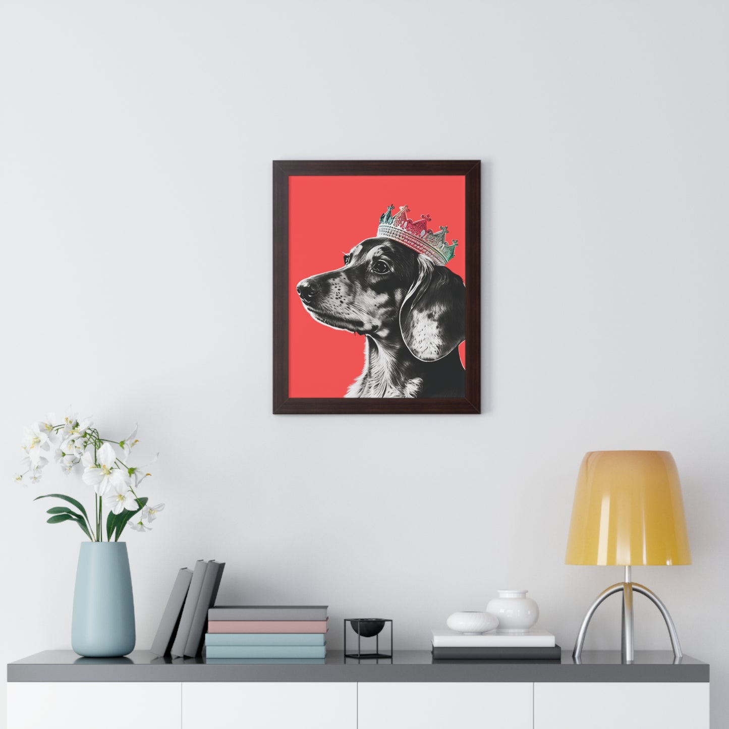 Dachshund on Coral Framed Art Print - Choice of White, Black, or Walnut Frame