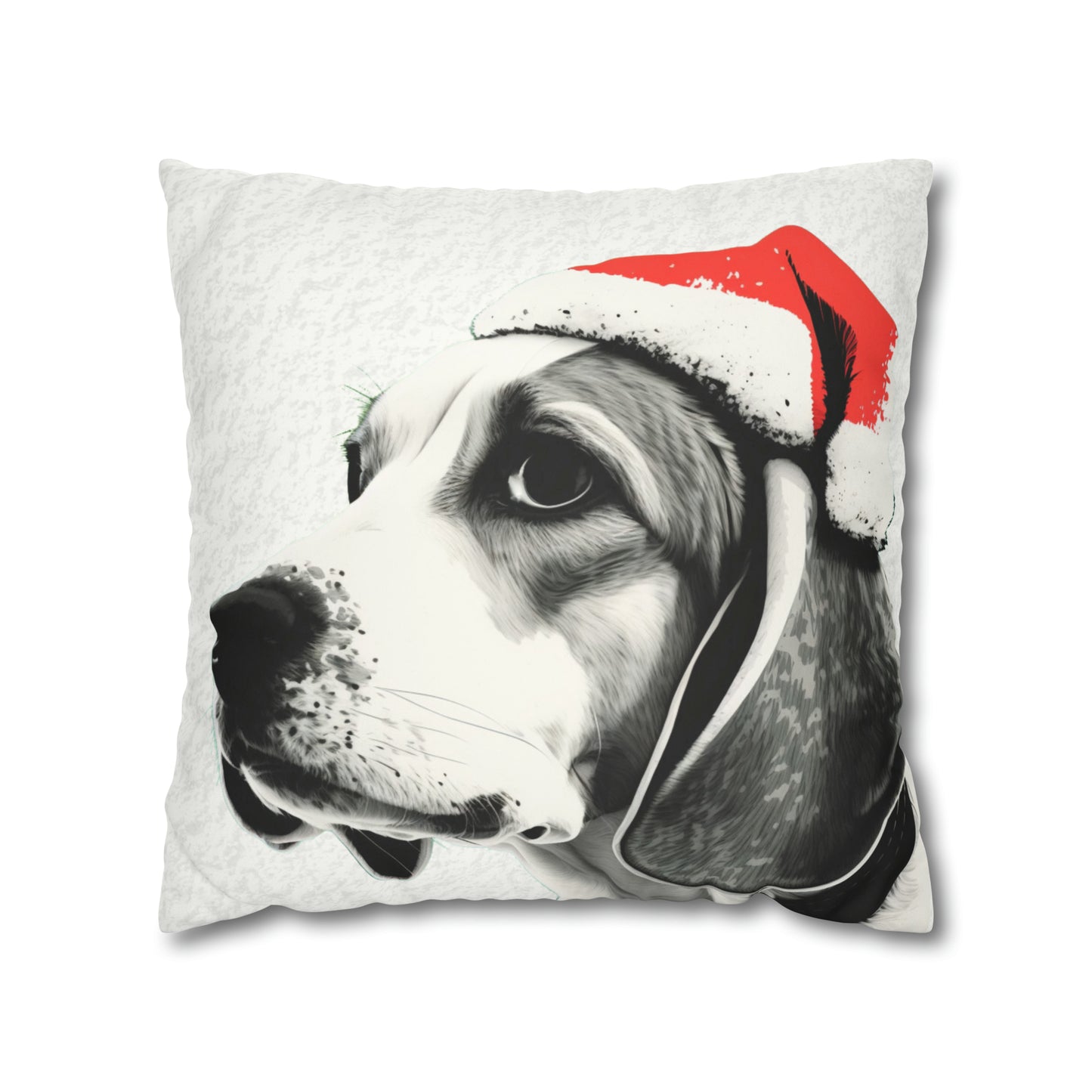 A cozy and festive white faux suede cushion cover featuring a charming Beagle in a Christmas setting. The cover is adorned with a joyful Beagle illustration surrounded by holiday motifs, capturing the essence of Christmas spirit and the playful nature of the beloved dog breed