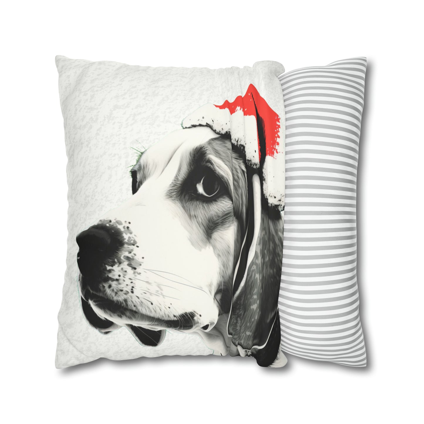 Festive Beagle Bliss Christmas Cushion Cover on White Faux Suede