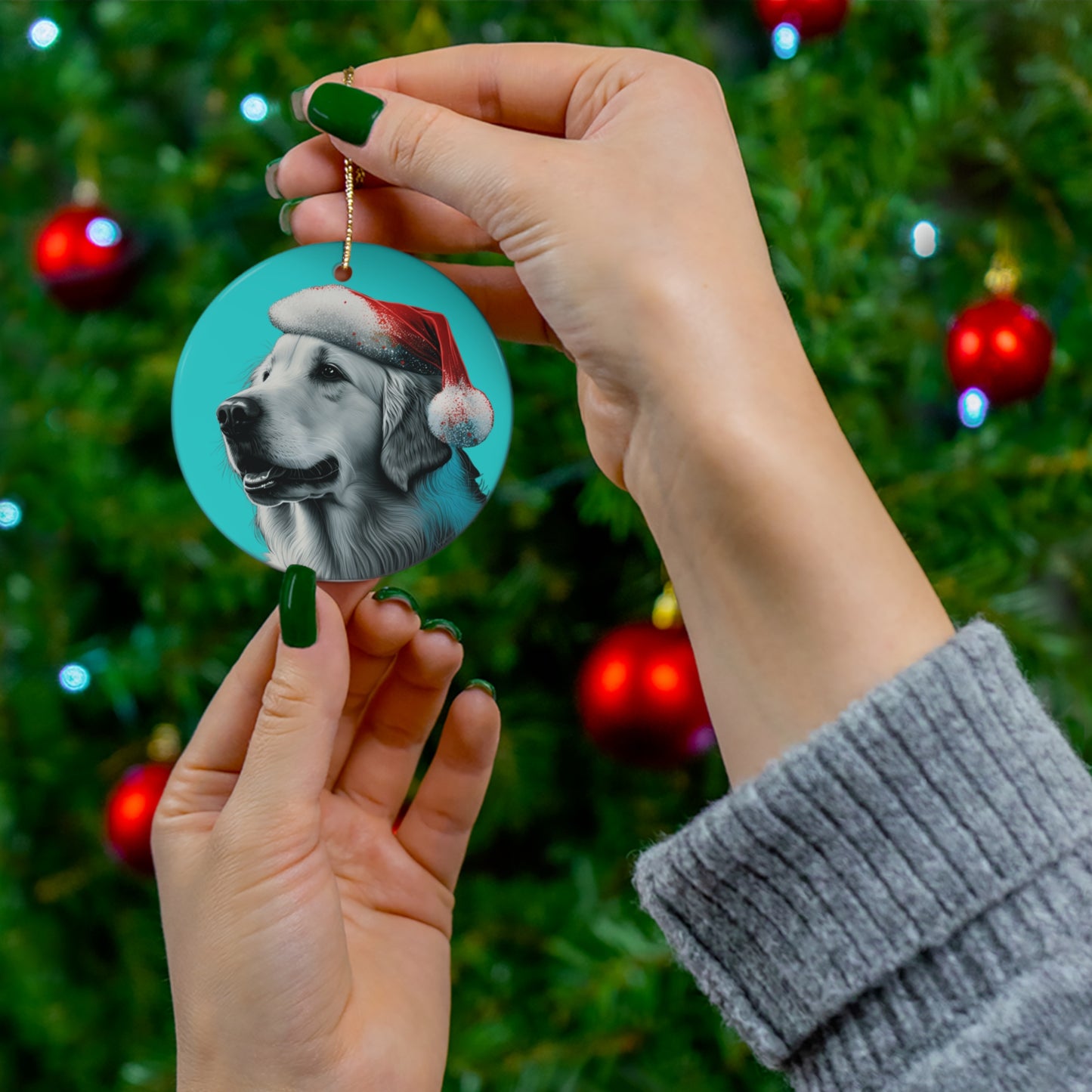 Golden Retriever Christmas Ornament on Blue Background