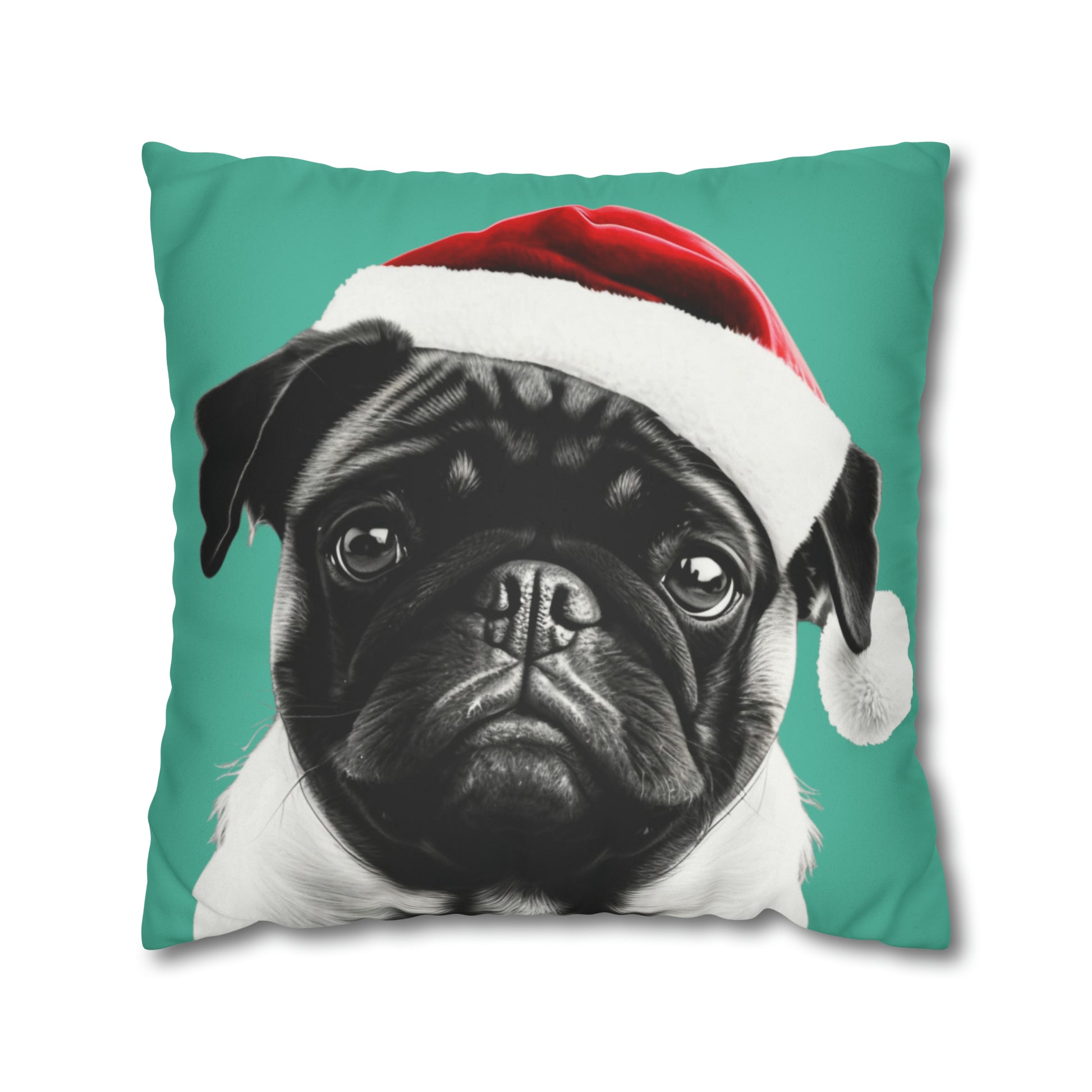 Adorable Pug Christmas Cushion Cover in Soft Faux Suede, featuring a festive pug design on a luxurious cushion, perfect for holiday decor.