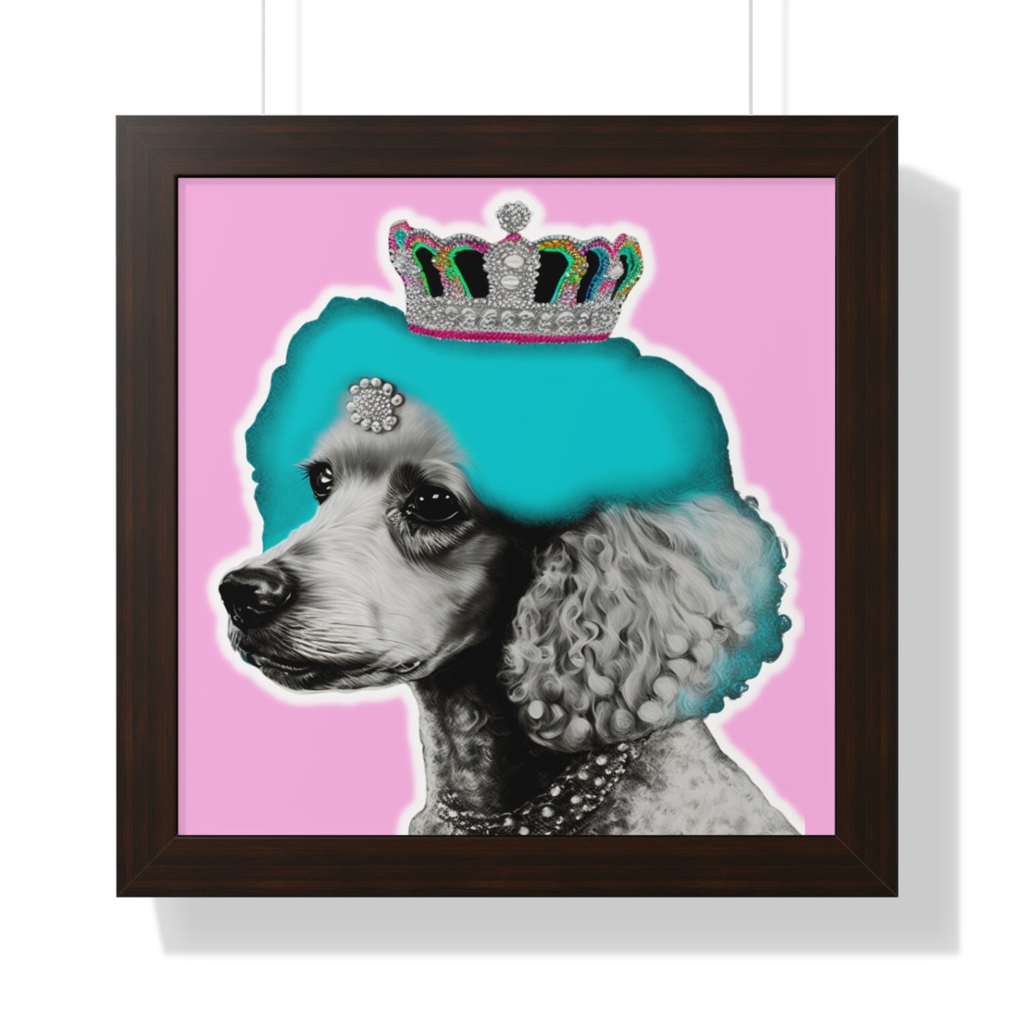 Framed Crowned Pop Art Poodle Print on Pink - Choose Walnut, White, or Black Frame