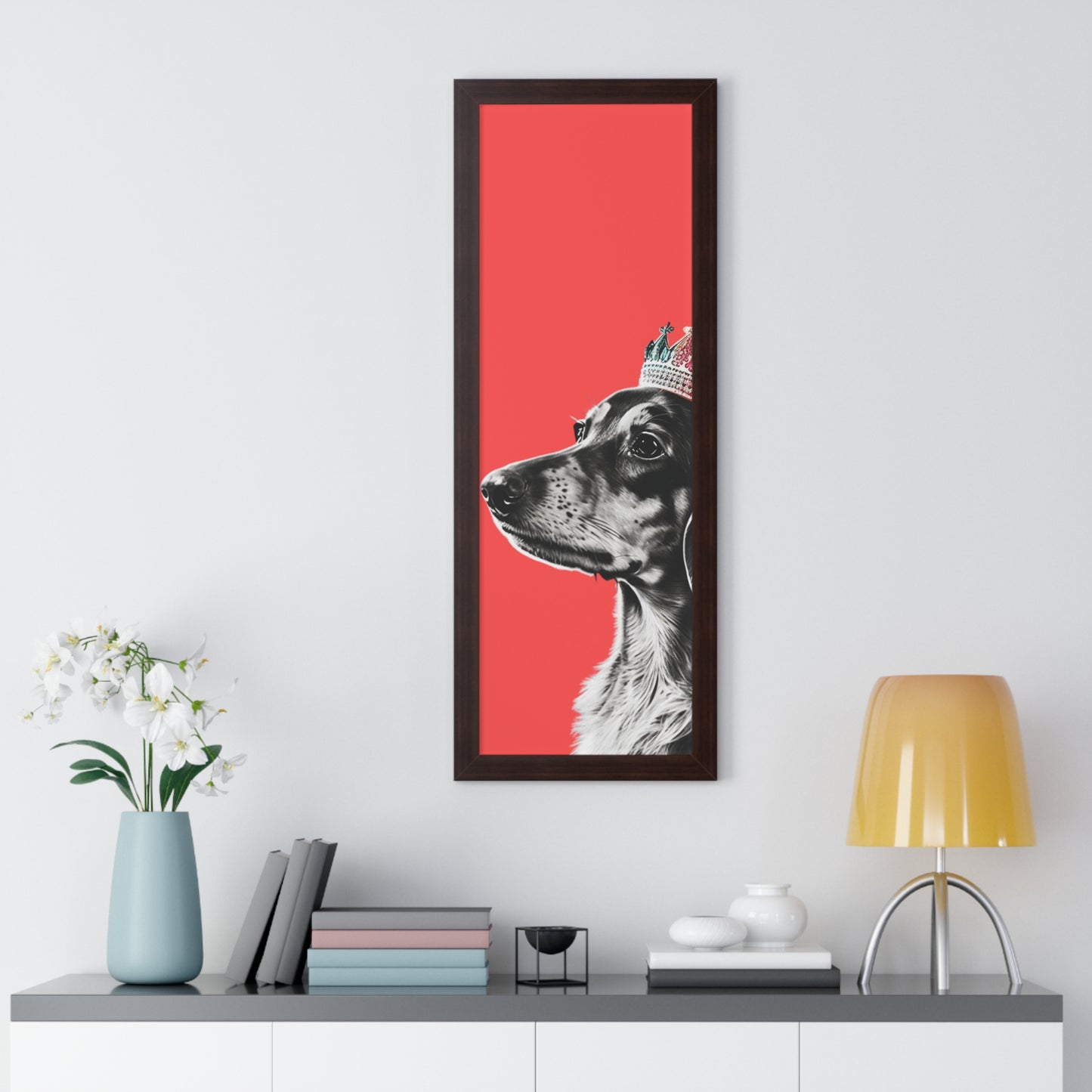 Dachshund on Coral Framed Art Print - Choice of White, Black, or Walnut Frame