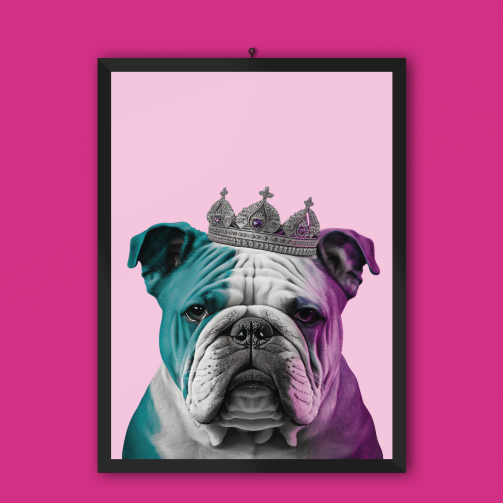 A popart poster of a British Bulldog on vibrant pink background.