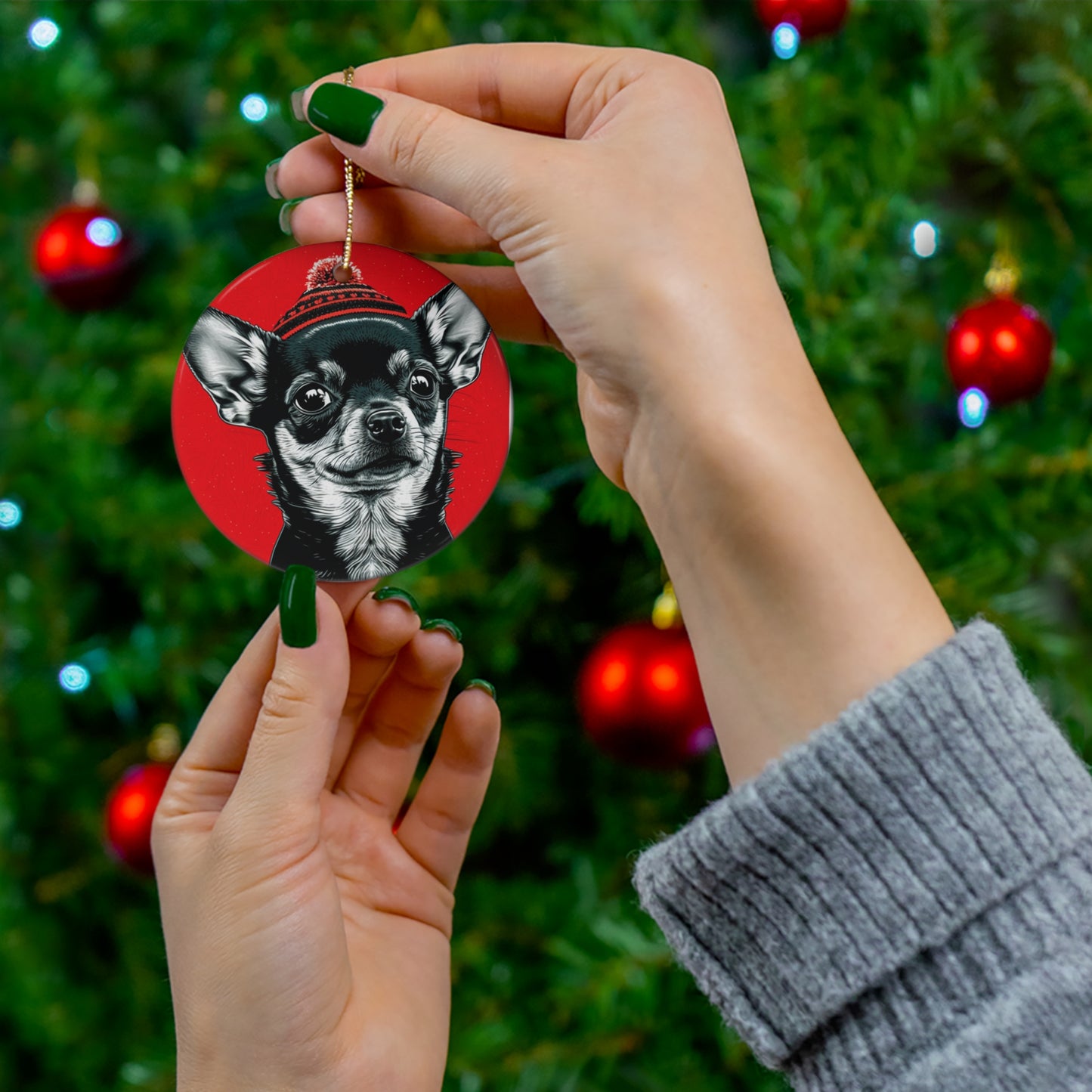 Festive Chihuahua Xmas Tree Ornament - Heart or Circle