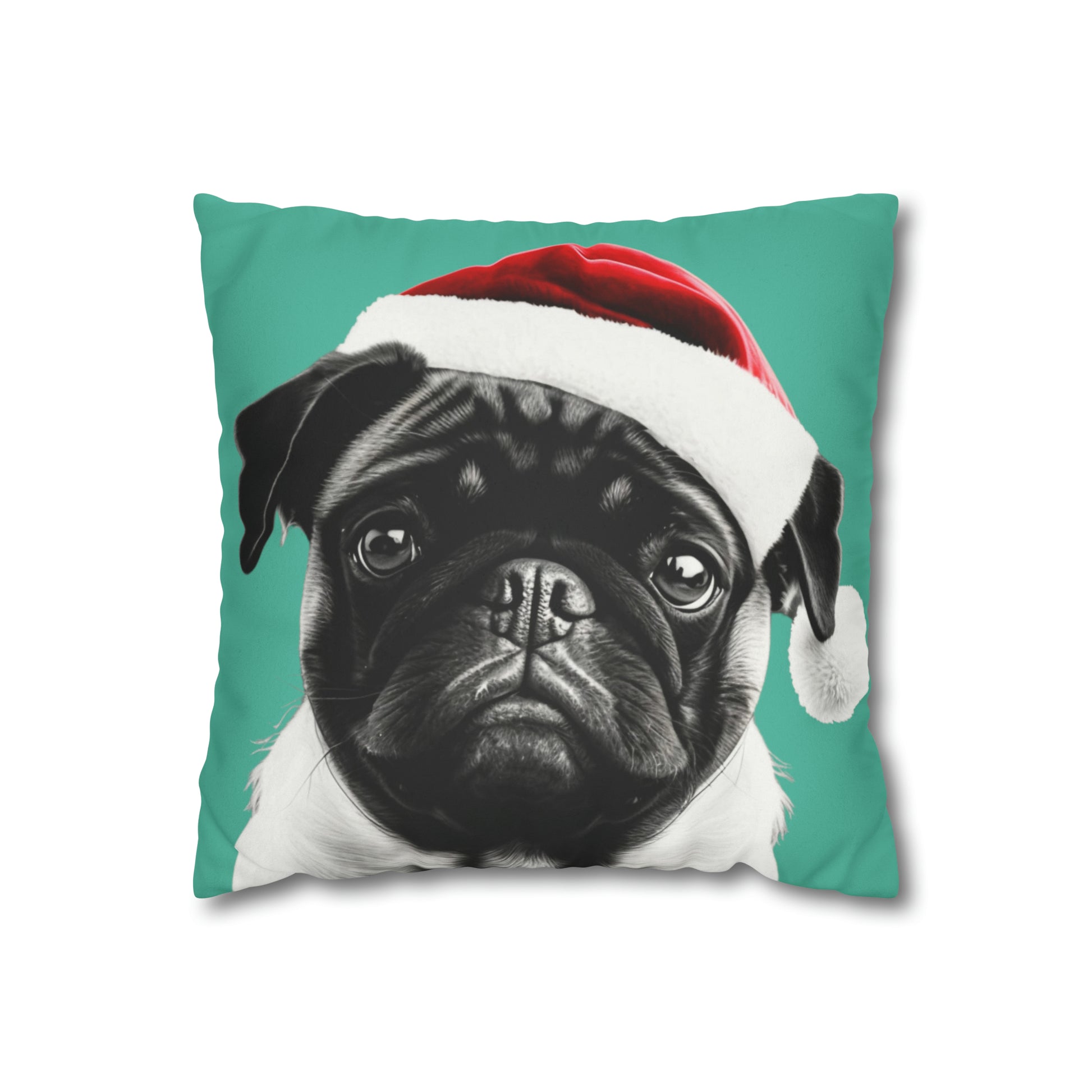 Adorable Pug Christmas Cushion Cover in Soft Faux Suede, featuring a festive pug design on a luxurious cushion, perfect for holiday decor.