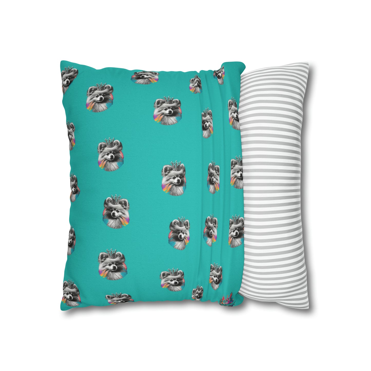 Black and White Pomeranian with Colours on Blue Cushion Cover