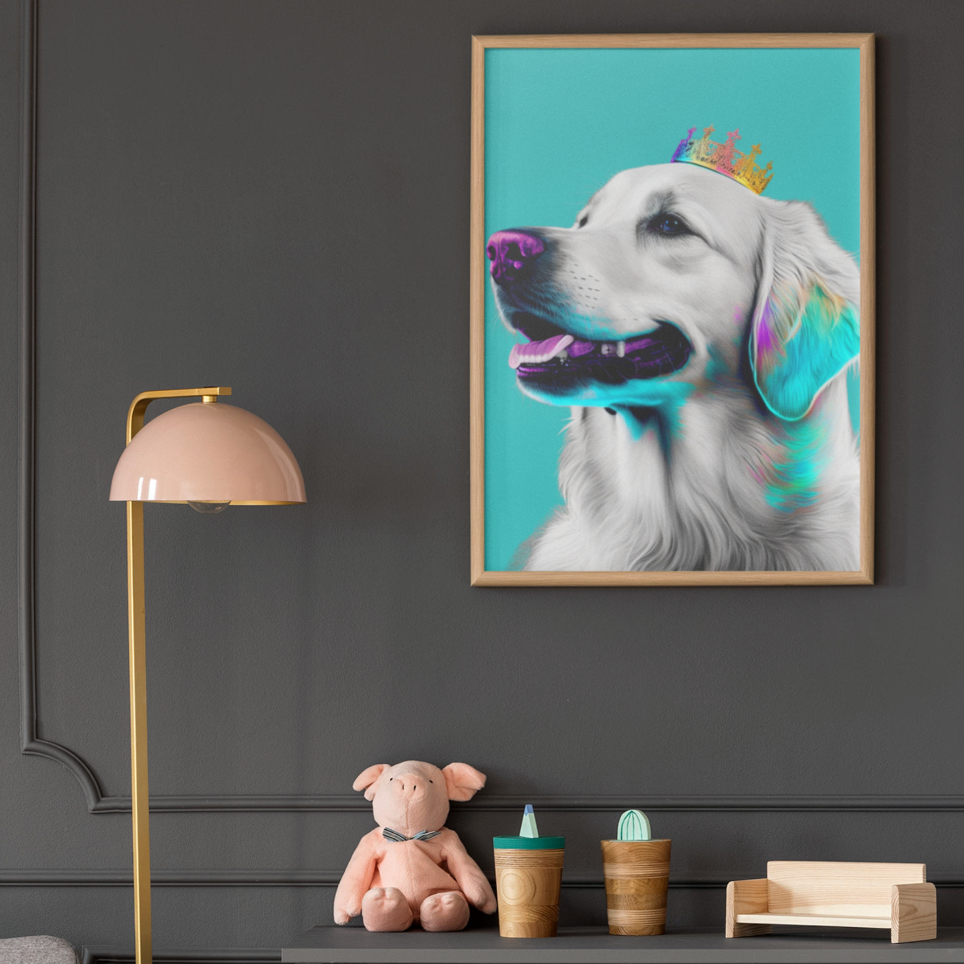 Pop art style poster featuring a Regal Golden Retriever portrayed in royal blue tones, symbolizing nobility, with a pop art aesthetic for a modern and majestic depiction."