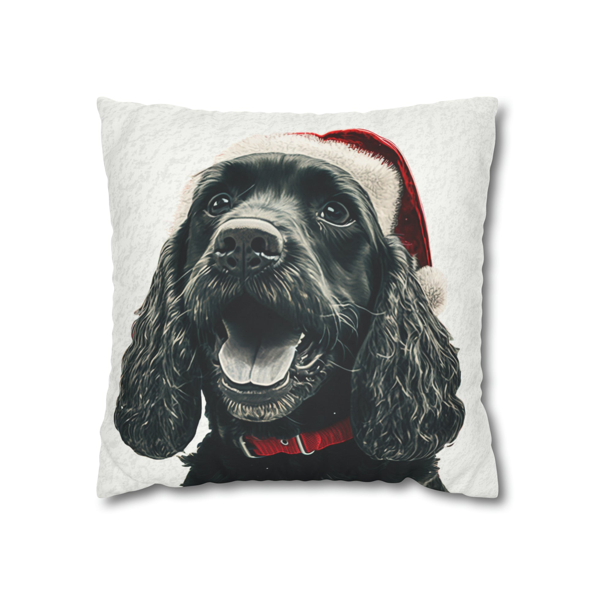 A luxurious faux suede Christmas cushion cover featuring a charming illustration of a cocker spaniel in festive holiday attire, set against a background of classic Christmas motifs like snowflakes and presents. The cushion cover displays vibrant colors, mainly red, green, and white, symbolizing traditional Christmas cheer