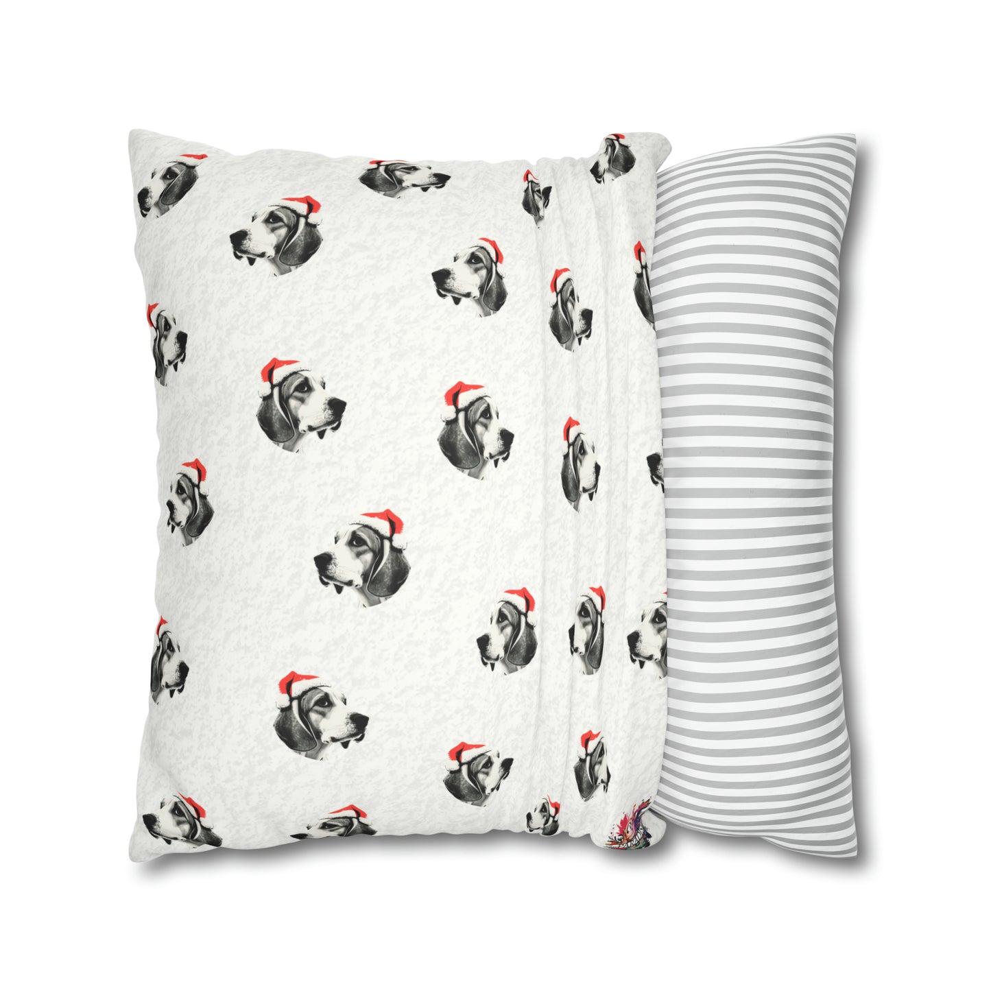 Festive Beagle Bliss Christmas Cushion Cover on White Faux Suede