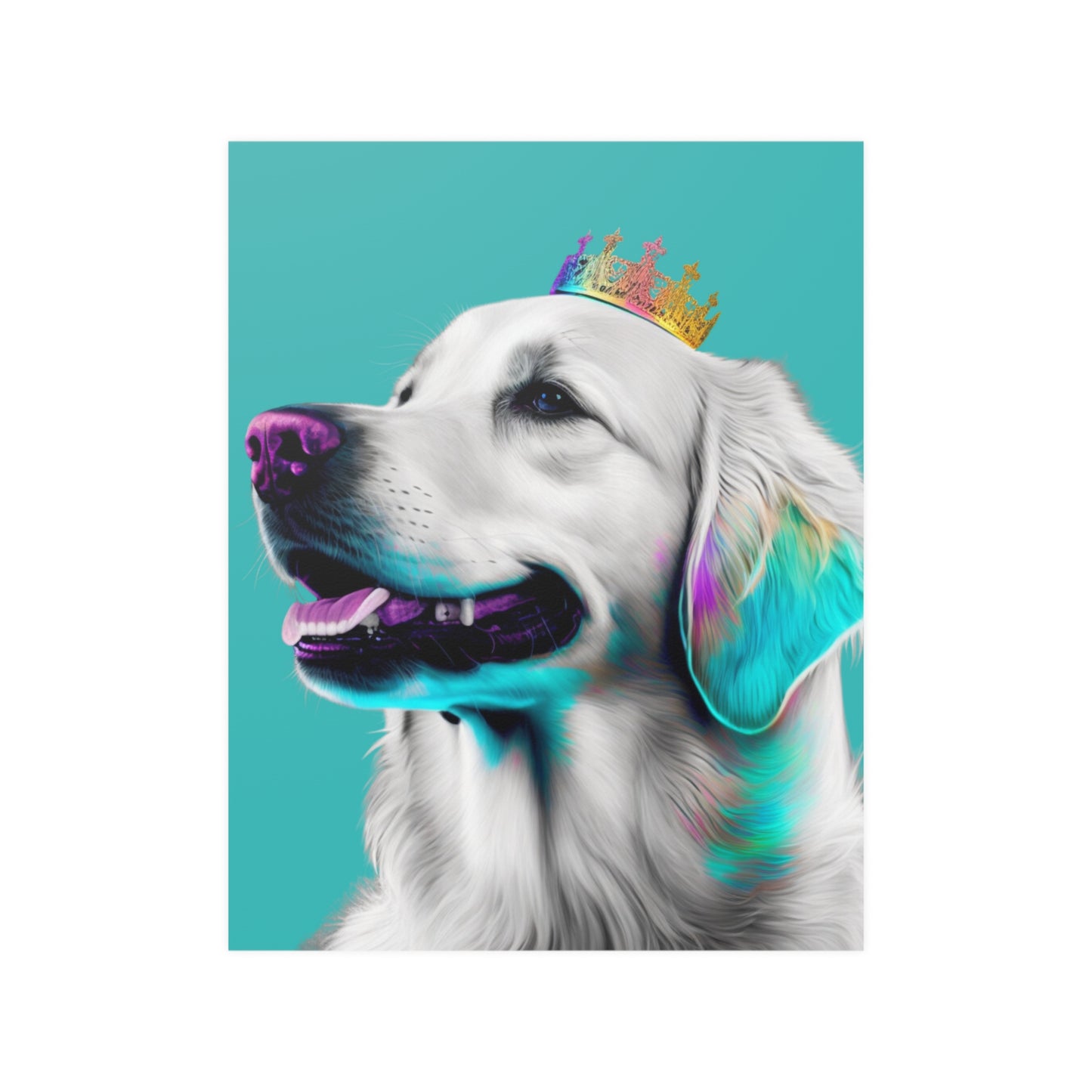 Pop art style poster featuring a Regal Golden Retriever portrayed in royal blue tones, symbolizing nobility, with a pop art aesthetic for a modern and majestic depiction."