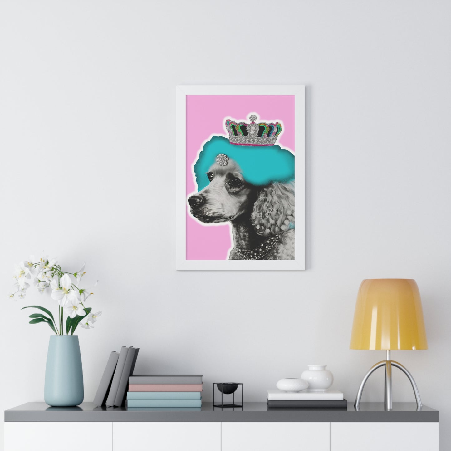 Framed Crowned Pop Art Poodle Print on Pink - Choose Walnut, White, or Black Frame