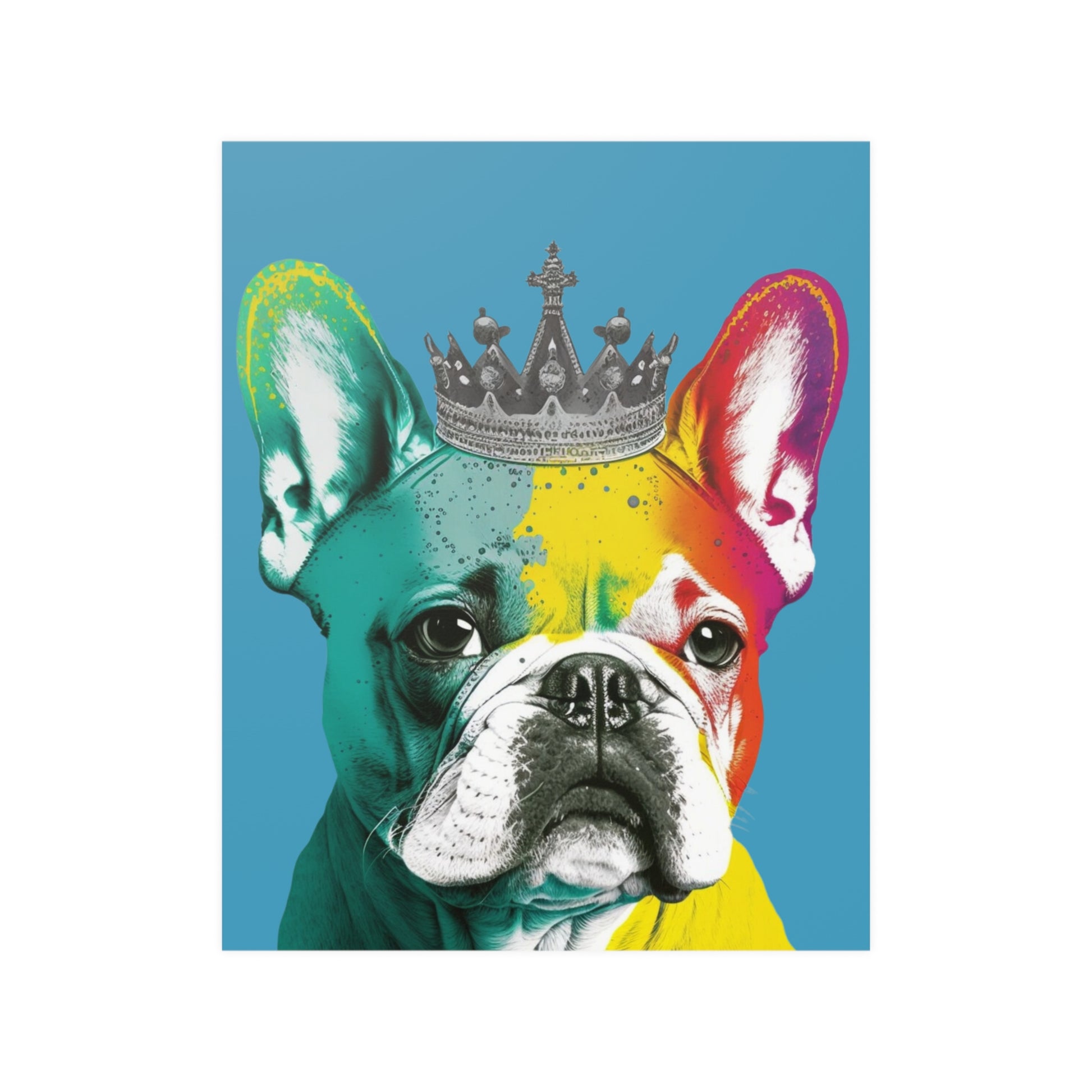 A French Bulldog sporting a regal crown against a striking royal blue background, captured in a vibrant PopArt style that exudes contemporary chic.