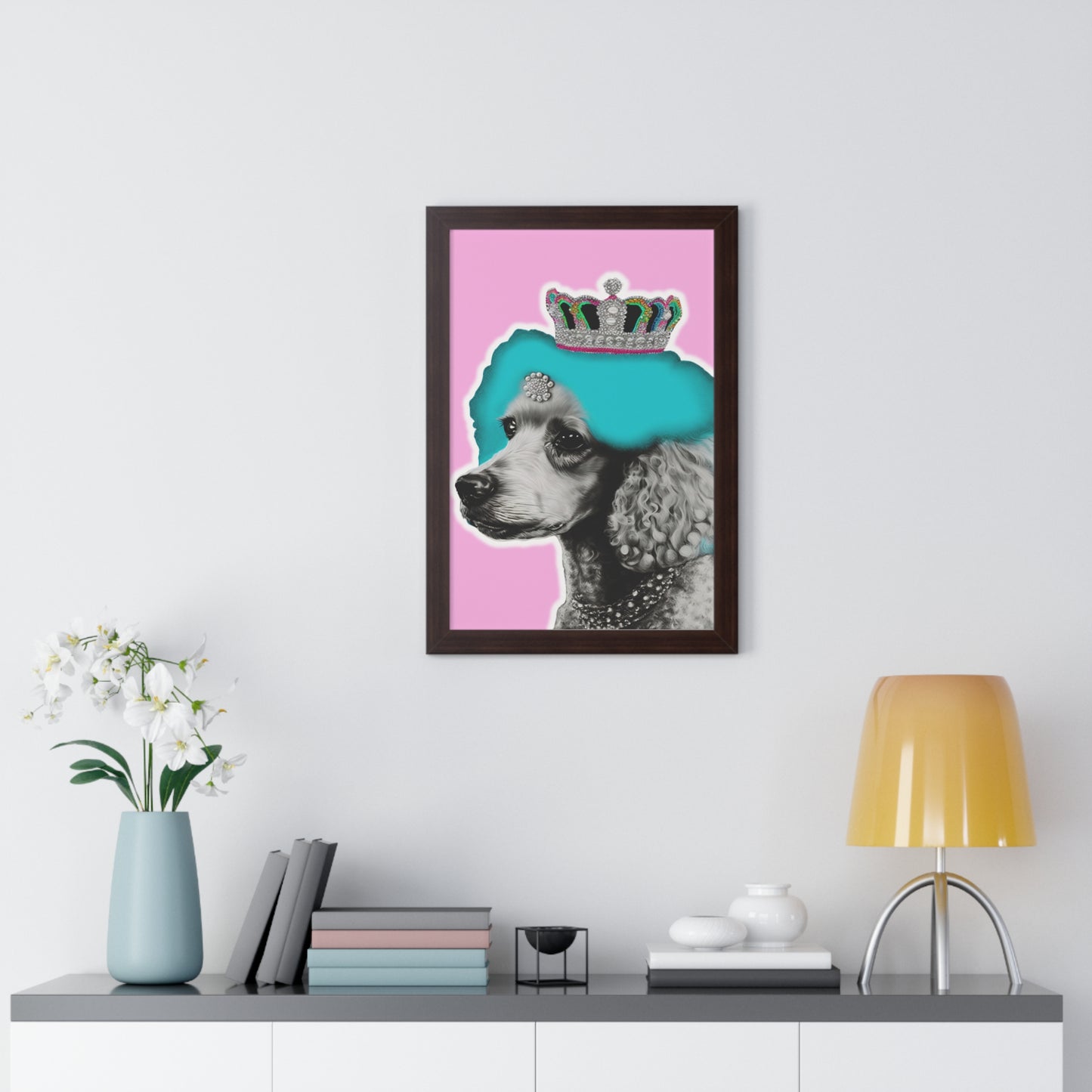 Framed Crowned Pop Art Poodle Print on Pink - Choose Walnut, White, or Black Frame